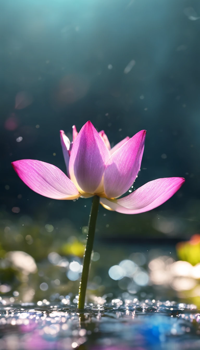 microcosm , Masterpiece , macro photography , cobweb, filmgrain, Bokeh , Smoke , Highly detailed, Sunny Sunny weather, Microflower, The drops, bblurry, 1 realistic lotus flower close-up with azure background, subdued contrasts, rendering by octane , illusory engine