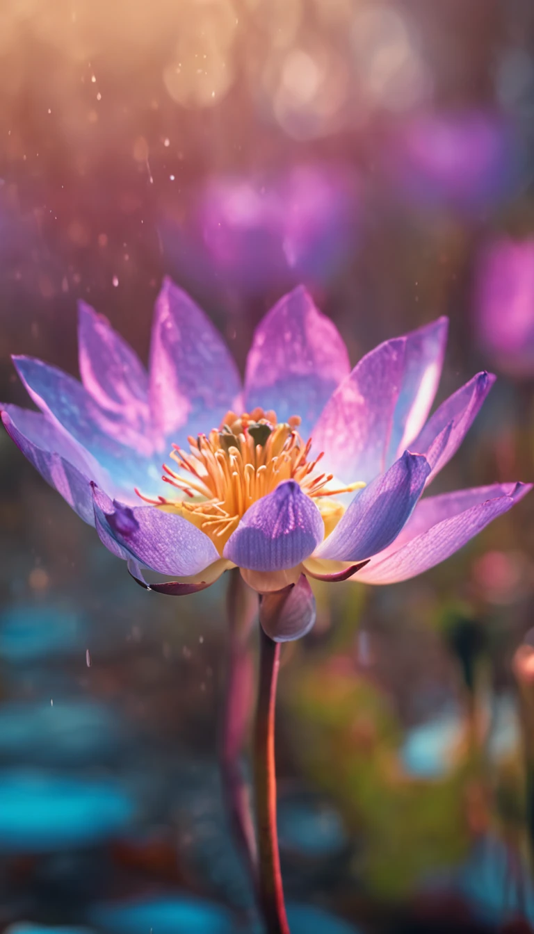 microcosm , Masterpiece , macro photography , cobweb, filmgrain, Bokeh , Smoke , Highly detailed, Sunny Sunny weather, Microflower, The drops, bblurry, 1 realistic lotus flower close-up with azure background, subdued contrasts, rendering by octane , illusory engine