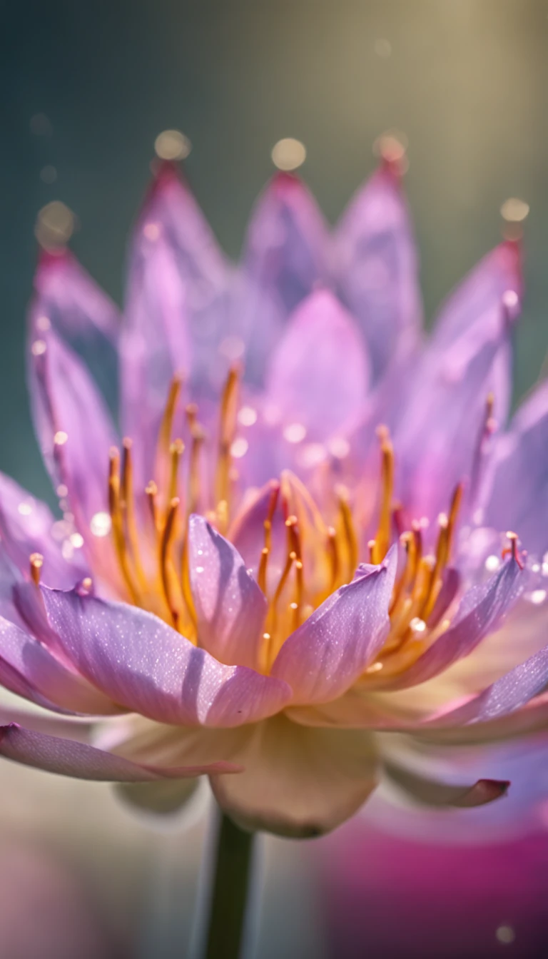 microcosm , Masterpiece , macro photography , cobweb, filmgrain, Bokeh , Smoke , Highly detailed, Sunny Sunny weather, Microflower, The drops, bblurry, 1 realistic lotus flower close-up with azure background, subdued contrasts, rendering by octane , illusory engine