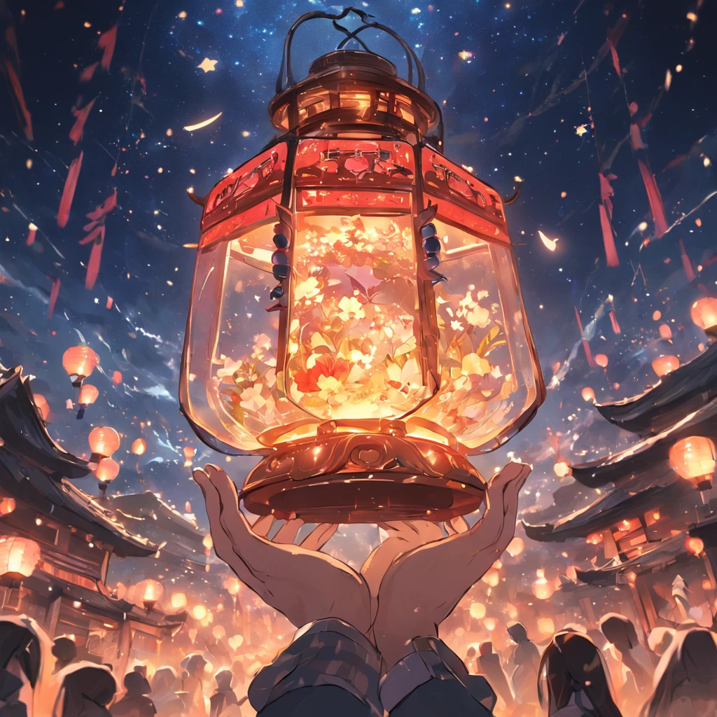 A very beautiful hand holding a close-up of Kong Ming lantern，under the starry night sky