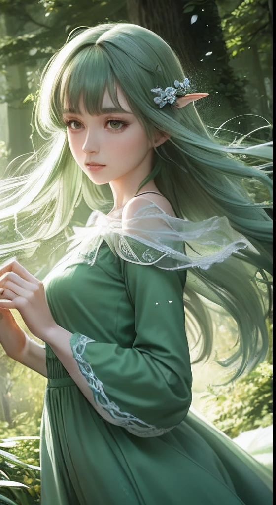 (Masterpiece, Top Quality, Best, Official Art, Beautiful and Aesthetic, Long Exposure: 1.2), Smooth Movement, Charming Patterns, 1 Girl, (Long Dress with Sleeves: 1.3), (((Green Clothes) )), upper body close-up, bare shoulders, Chinese girl, blush, black lob hair, portrait, solo, upper body, looking at the observer, detailed background, detailed face, (crystallineAI, crystalline theme:1.1), elemental wood elf, rotation foliage, control foliage, emerald clothing, dynamic pose, floating particles, ethereal dynamics, foliage, vapor, forest in the background, green tint, forest, ethereal atmosphere,