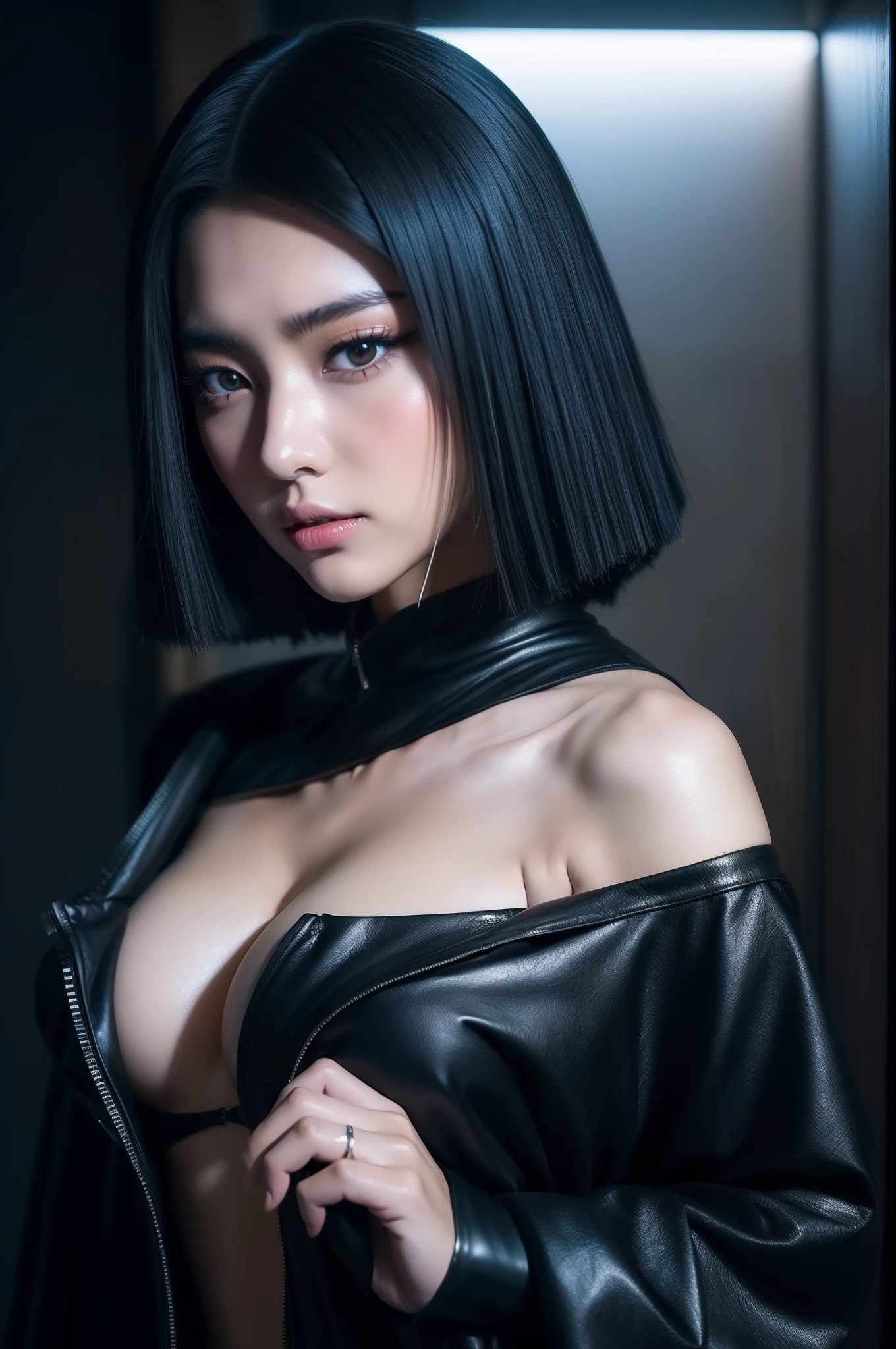 anime girl in a black outfit with a sword in her hand, very beautiful cyberpunk samurai, digital cyberpunk anime art, anime cyberpunk art, cyberpunk anime girl mech, cyberpunk anime girl, cyberpunk anime art, female cyberpunk anime girl, cyberpunk geisha, digital cyberpunk - anime art, cyberpunk samurai, anime style 4 k, badass anime 8 k, cyberpunk anime girl in hoodie, beautiful south korean woman, korean girl, beautiful young korean woman, korean woman, heonhwa choe, korean women's fashion model, sexy look, big breast, sexy pose, show breast, grey hair