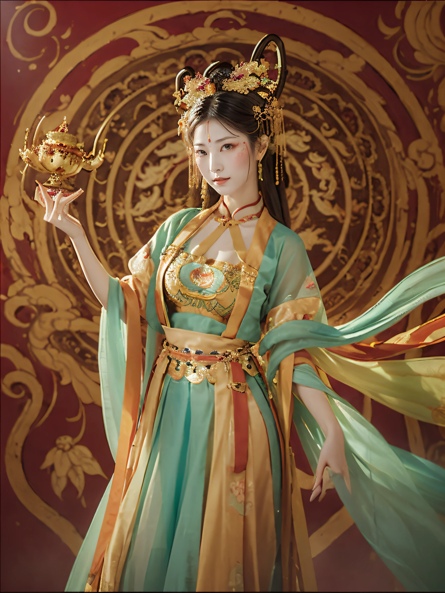 Man Woman、A celestial maiden dynamically dancing in the sunset、Bodhisattvas、Dancing hard、large full breasts、Ancient Chinese Hairstyles、Luxurious hair ornaments、Wearing transparent silk cloth、Japan  Woman、goddes、sat on a lotus flower、(Deities々Beautiful fountain、Ancient Chinese Courts、Luxurious costumes:1.5)、a dragon dances in the sky、rays of sunshine.top-quality、bokeh dof、real looking skin