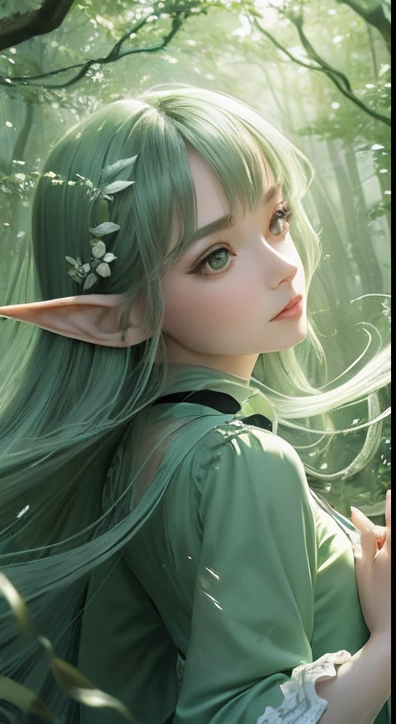 (Masterpiece, Top Quality, Best, Official Art, Beautiful and Aesthetic, Long Exposure: 1.2), Smooth Movement, Charming Patterns, 1 Girl, (Long Dress with Sleeves: 1.3), (((Green Clothes) )), upper body close-up, bare shoulders, Chinese girl, blush, black lob hair, portrait, solo, upper body, looking at the observer, detailed background, detailed face, (crystallineAI, crystalline theme:1.1), elemental wood elf, rotation foliage, control foliage, emerald clothing, dynamic pose, floating particles, ethereal dynamics, foliage, vapor, forest in the background, green tint, forest, ethereal atmosphere,