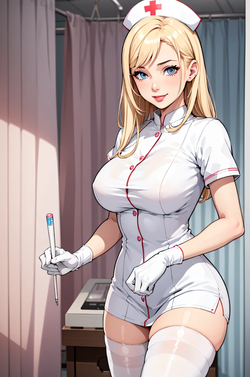 1girl in, Nurse, Nurse Cap, Whiteware, ((White legwear, zettai ryouiki)), White Gloves, Blonde hair, Blue eyes, pink lipsticks, Smile, Standing, sharp outline, Short sleeves, Best Quality, masutepiece, infirmary