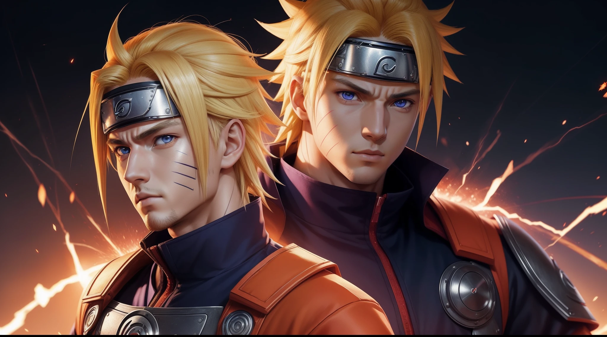 Perfect avatar, masterpiece, extremely accurate rendering, cool handsome Naruto, looking at the viewer, blonde, looking at the viewer, solo, trustworthy, savior of the world, simple design , best picture, 8K, light red eyes, original orange clothing style according to the characters in the story, reflecting red and purple sparks on the chest.