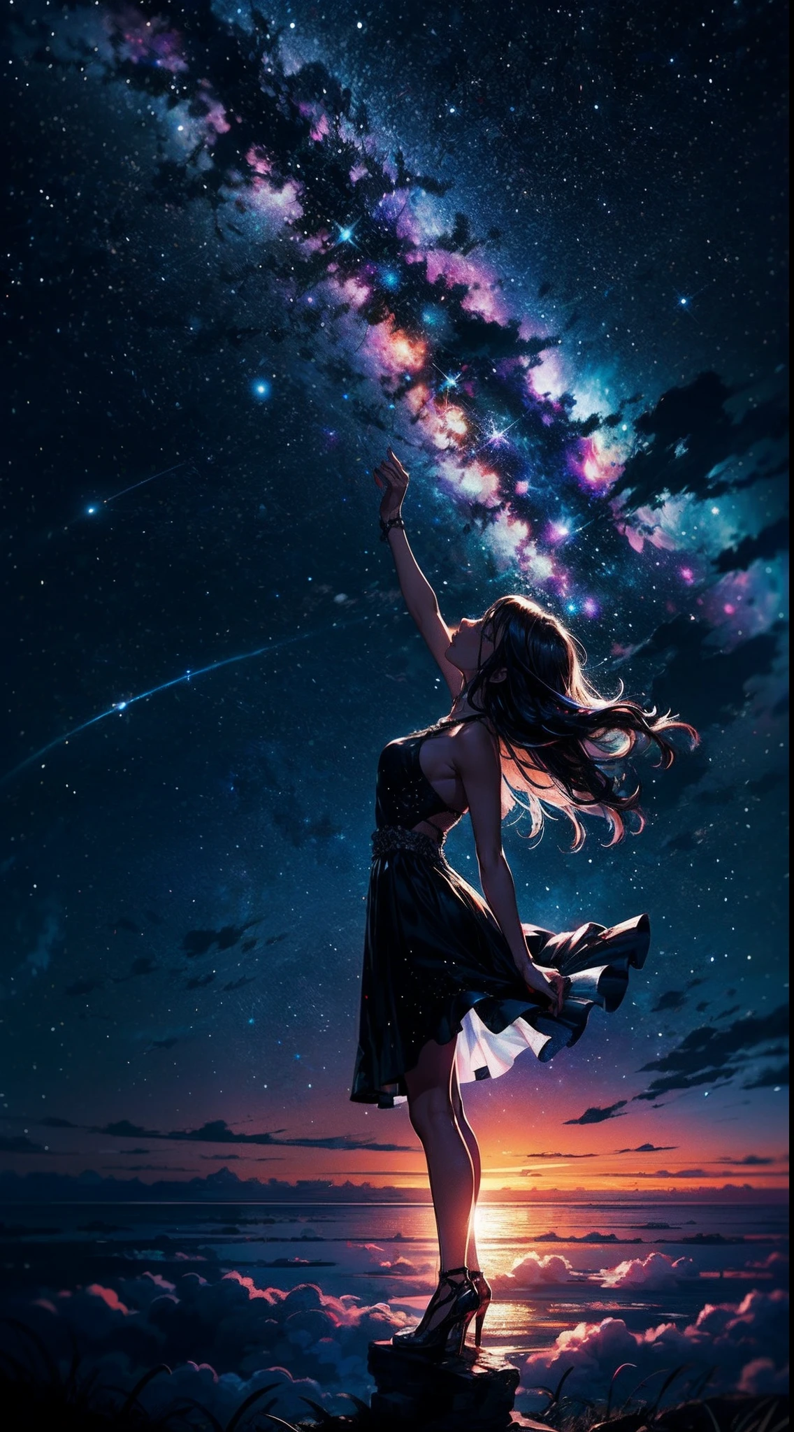 Perched upon a wispy cloud, a young girl gazes in awe at the breathtaking expanse above. The night sky comes alive with a sea of stars, twinkling like diamonds scattered across a velvet canvas. Cosmic phenomenons swirl and dance, painting streaks of vibrant colors across the vastness of space. With her hair gently tousled by the celestial breeze, the girl's silhouette stands as a witness to the beauty of the universe. Serene and filled with wonder, she becomes a part of this cosmic symphony, her presence illuminating the infinite possibilities that lie beyond the clouds.