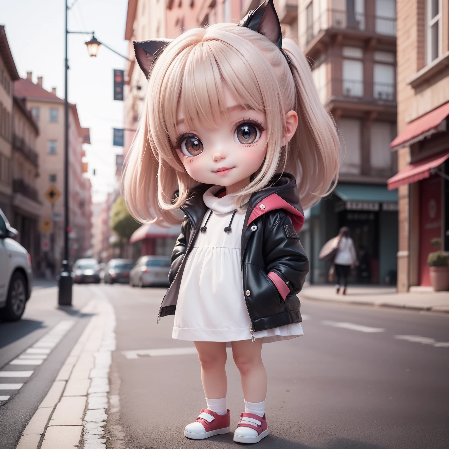 Cute Baby Chibi Anime,(((Super masterpiece、top-quality、ultra-detailliert、1 girl in、Chibi:1.5)))、Fashionable Chibi、fashion modell、Wearing a white shirt and a gray long gilet,espadrilles、Fashionable city background、outside of house、The best smile、Looking at the camera,A detailed face、Dark skin、highdetailskin、White Sauvage Hair、(Chibi:1.4)、