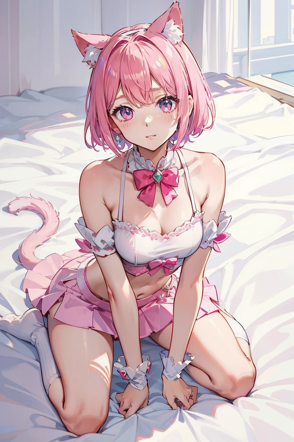 tmasterpiece，独奏，super high image quality，pink short hair，Cat's ear headdress，adorable eyes，Sell moe，Crop topping，White top，C cup，Pink miniskirt White stockings，onbed，On your stomach，（（on the floor on all fours）），Sell moe，coquetry