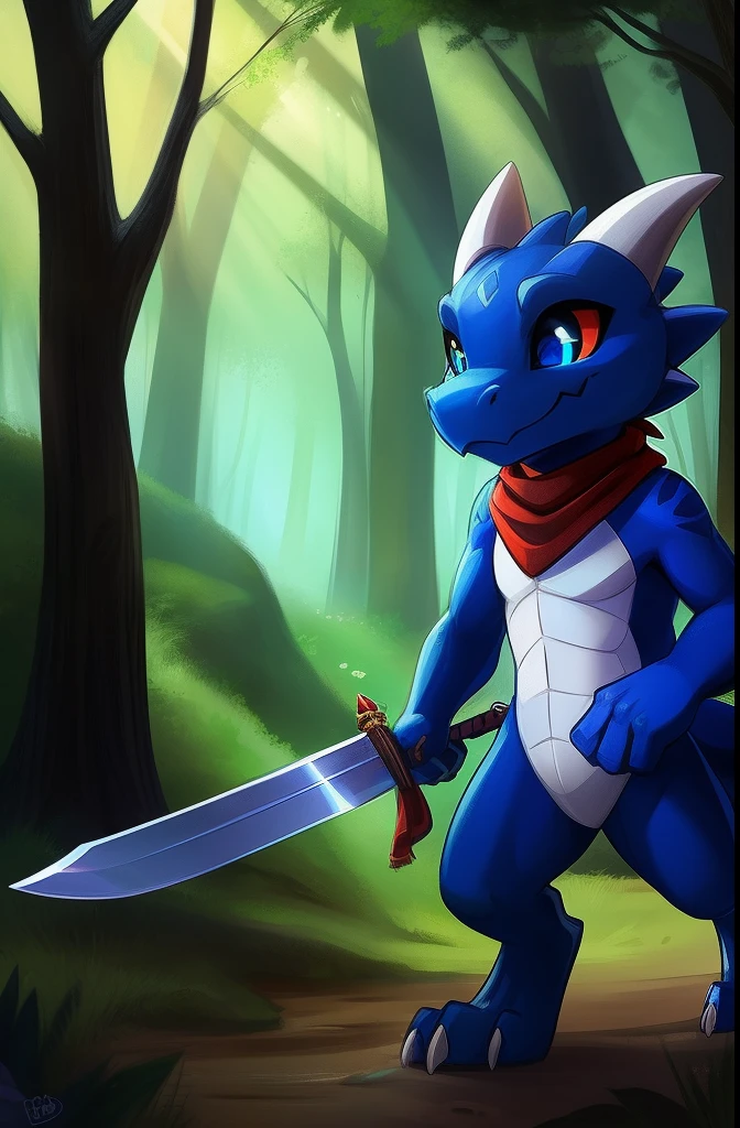 best quality, 1 boy, small size, (kobold face), (blue fur), (black iris), (white sclera), tail kobold, furry male, kobold male, Anthropomorphics, (in a forest), exploration, (red scarf on neck), holding a sword.