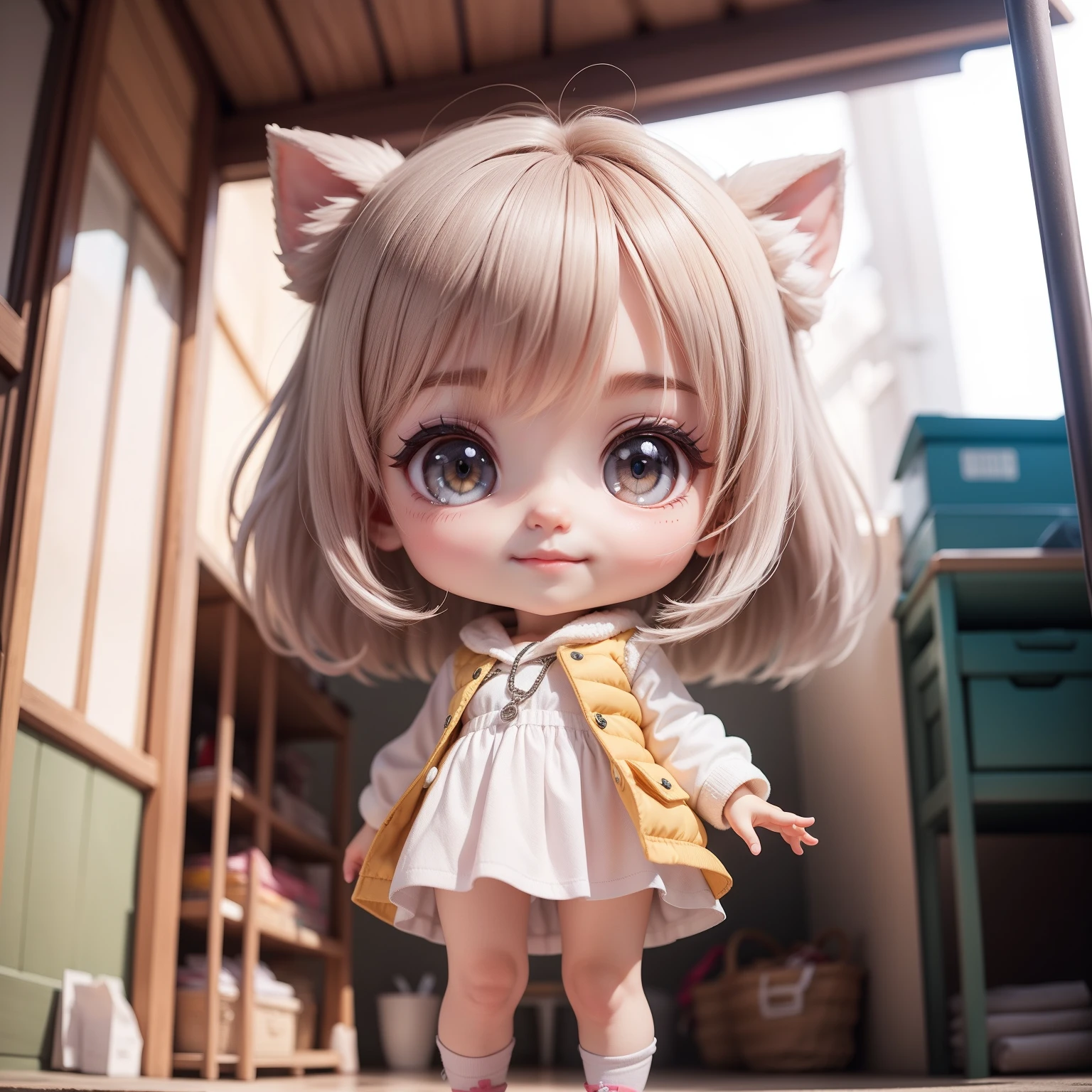 Cute Chibi Anime,(((Super masterpiece、top-quality、ultra-detailliert、1 girl in、Chibi:1.5)))、Fashionable Chibi、fashion modell、Wearing a white shirt and a gray long gilet,espadrilles、Fashionable city background、outside of house、The best smile、Looking at the camera,A detailed face、Dark skin、highdetailskin、White Sauvage Hair、(Chibi:1.4)、