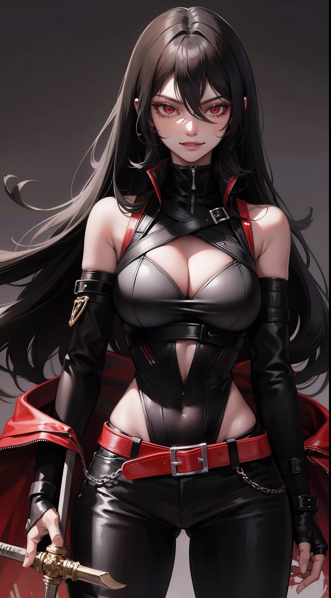 Adult woman, ebony, black skin, long curly black hair, red eyes, Bondage on the eye, musculature, Black hired tight top, Mercenary pants, arma, sword, smirk, Masterpiece, hiquality