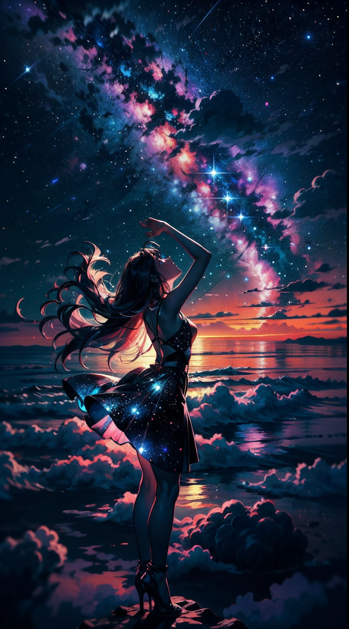 Perched upon a wispy cloud, a young girl gazes in awe at the breathtaking expanse above. The night sky comes alive with a sea of stars, twinkling like diamonds scattered across a velvet canvas. Cosmic phenomenons swirl and dance, painting streaks of vibrant colors across the vastness of space. With her hair gently tousled by the celestial breeze, the girl's silhouette stands as a witness to the beauty of the universe. Serene and filled with wonder, she becomes a part of this cosmic symphony, her presence illuminating the infinite possibilities that lie beyond the clouds.