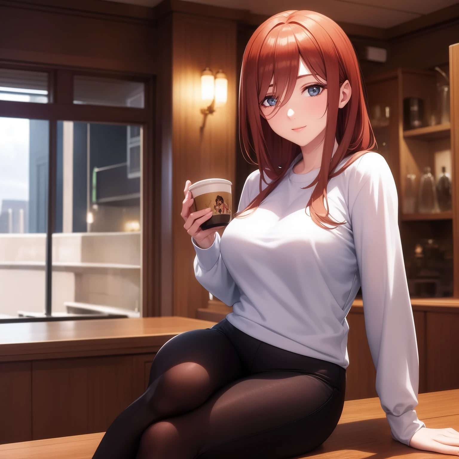 A photo of an inspiring female boss，A young woman sipping medieval-style coffee，Great view，Portrays self-confidence.