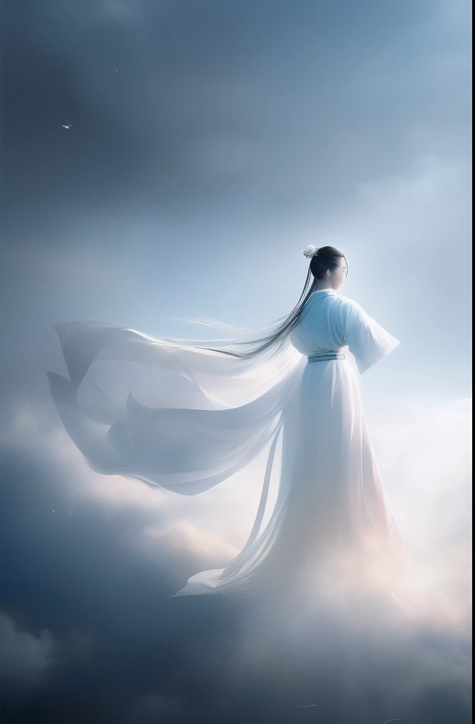 1 girl,(white Chinese robe),
In a captivating scene, a beautiful woman adorned in a flowing white Chinese robe soars through the misty clouds on the back of a majestic Chinese phoenix. The wind gently lifts her robe, accentuating the sense of flight as they gracefully navigate the ethereal cloudscape.