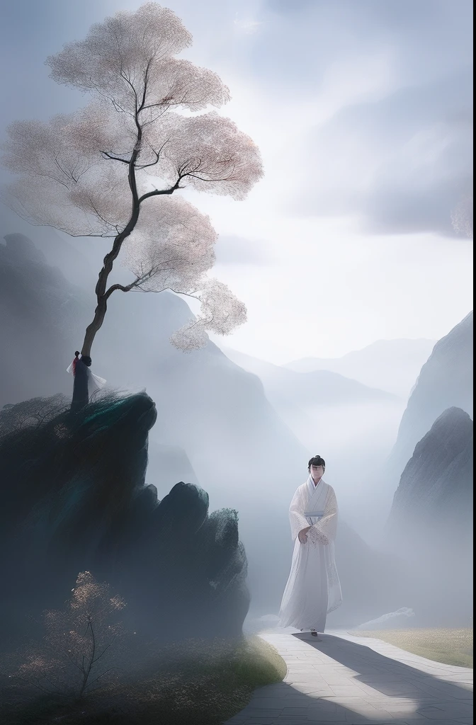 1 girl,(white Chinese robe),
In a captivating scene, a beautiful woman adorned in a flowing white Chinese robe soars through the misty clouds on the back of a majestic Chinese phoenix. The wind gently lifts her robe, accentuating the sense of flight as they gracefully navigate the ethereal cloudscape.