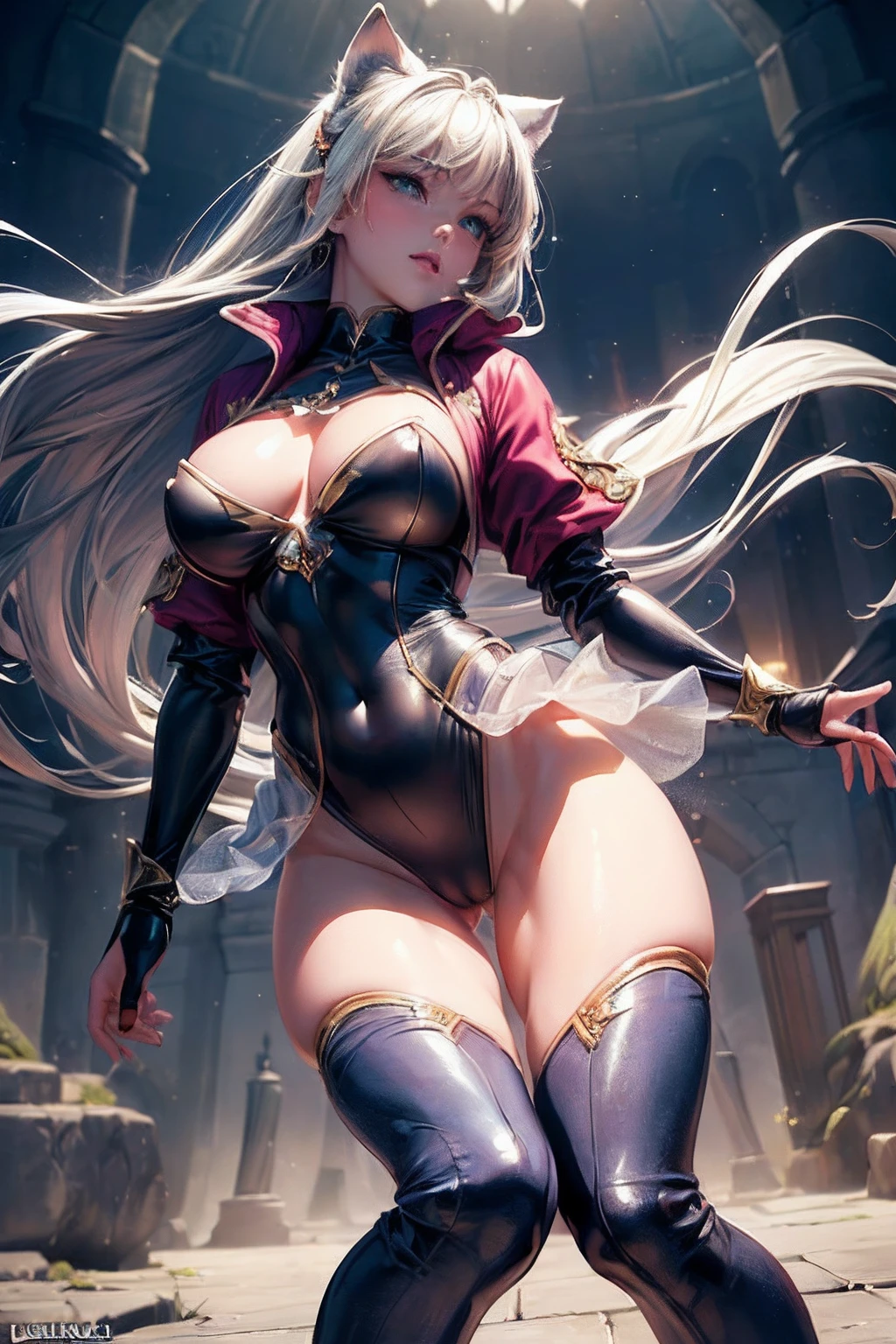 ((Best Quality, 8K, ultra-detailed, Masterpiece: 1.3)), 1girl, shiny skin, sharp, Perfect Body Beauty, realistic shaded perfect body, ("leotard, fantasy,transparent pussy ":1.2), ("kneehighs":1.1),(jacket , fantasy :1.1),fantasy costume,big_breasts ,(dynamic pose:1.2), thigh ,fantastical ,wind