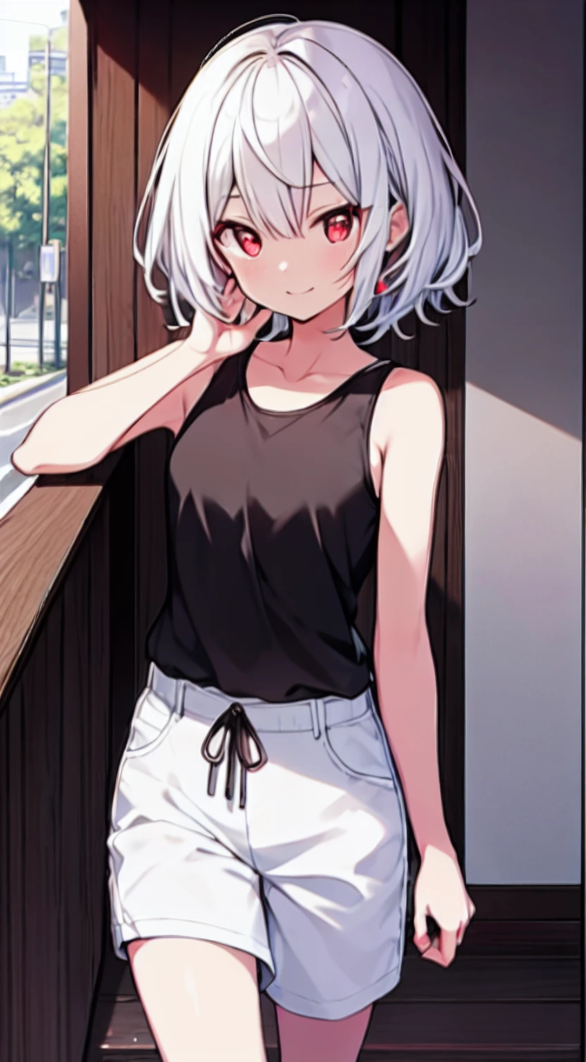 masutepiece, Best Quality,Illustration, Wallpaper, Ultra Detail, 1girl in,Solo,Beautiful detailed eyes, red eyes, Very thick contour lines、Medium Short-Cut Hair、Short、(Tight black tanktop)、White hair color、A smile、Walking next door、Kamimei、Overlooking angle:1.2、small head