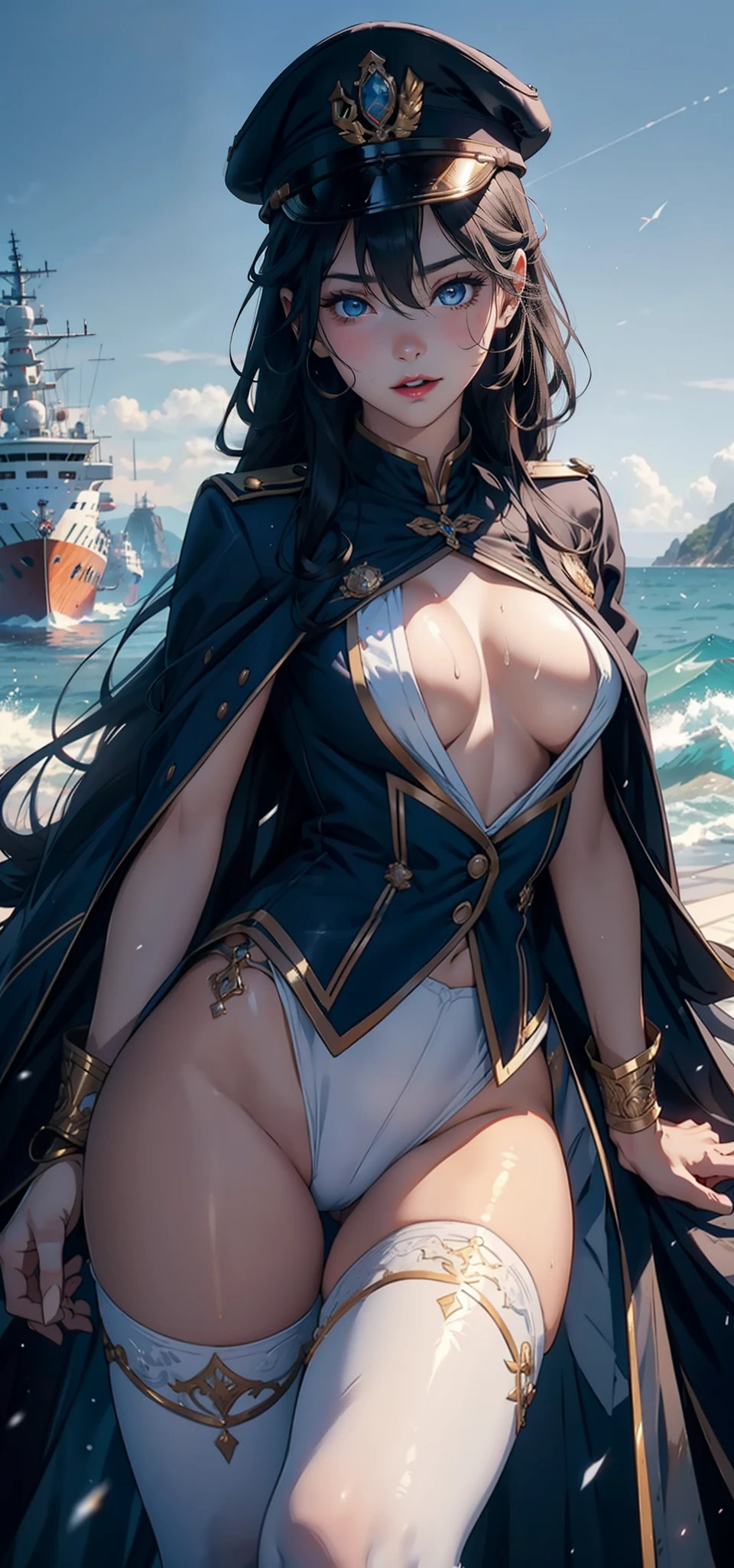 1womanl,3 girl,Small loli,smaunderboob, Big breasts Thin waist,long leges,Raised sexy,Pornographic exposure, 独奏,Beauty contests,standing on your feet(Background with:the sea,snow mountains,warships,at winter season,Blizzarding,Big snowflakes)On warships, with his long black hair,Long hair flutters in the wind,dynamicposes,Sweat profusely,drenched all over the body,seen from the front, hair straight, mostly cloudy sky,(((tmasterpiece),(Very detailed CG unity 8K wallpaper),best qualtiy,cinmatic lighting,detailed back ground,beatiful detailed eyes,Bright pupils,(Very fine and beautiful),(Beautiful and detailed eye description),Blue eyes,Redlip,ultra - detailed,tmasterpiece,)),facing at camera,(The upper part of the body),A high resolution,ultra - detailed),revealing breasts,Bare genitalia, Bulge,legs are open,sexyposture,Camel toes,Flushed complexion,Open-mouthed,frontage,French officer,Officer's cap,elementaryhite cloak,down jacket,White winter officer uniform,Sexy leggings,Armour,Gold wire embroidery,Snowflake decoration)