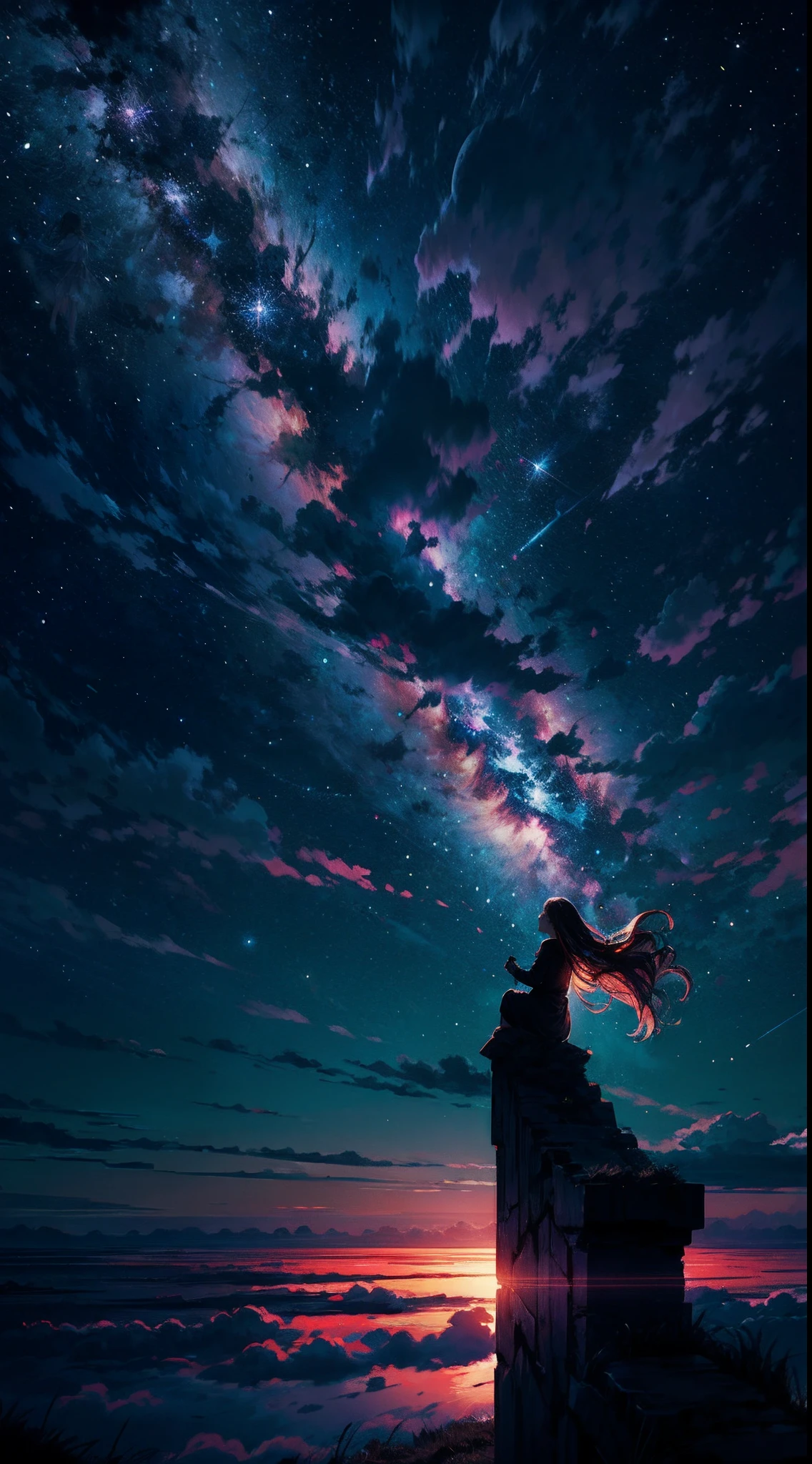 Perched upon a wispy cloud, a young girl gazes in awe at the breathtaking expanse above. The night sky comes alive with a sea of stars, twinkling like diamonds scattered across a velvet canvas. Cosmic phenomenons swirl and dance, painting streaks of vibrant colors across the vastness of space. With her hair gently tousled by the celestial breeze, the girl's silhouette stands as a witness to the beauty of the universe. Serene and filled with wonder, she becomes a part of this cosmic symphony, her presence illuminating the infinite possibilities that lie beyond the clouds.