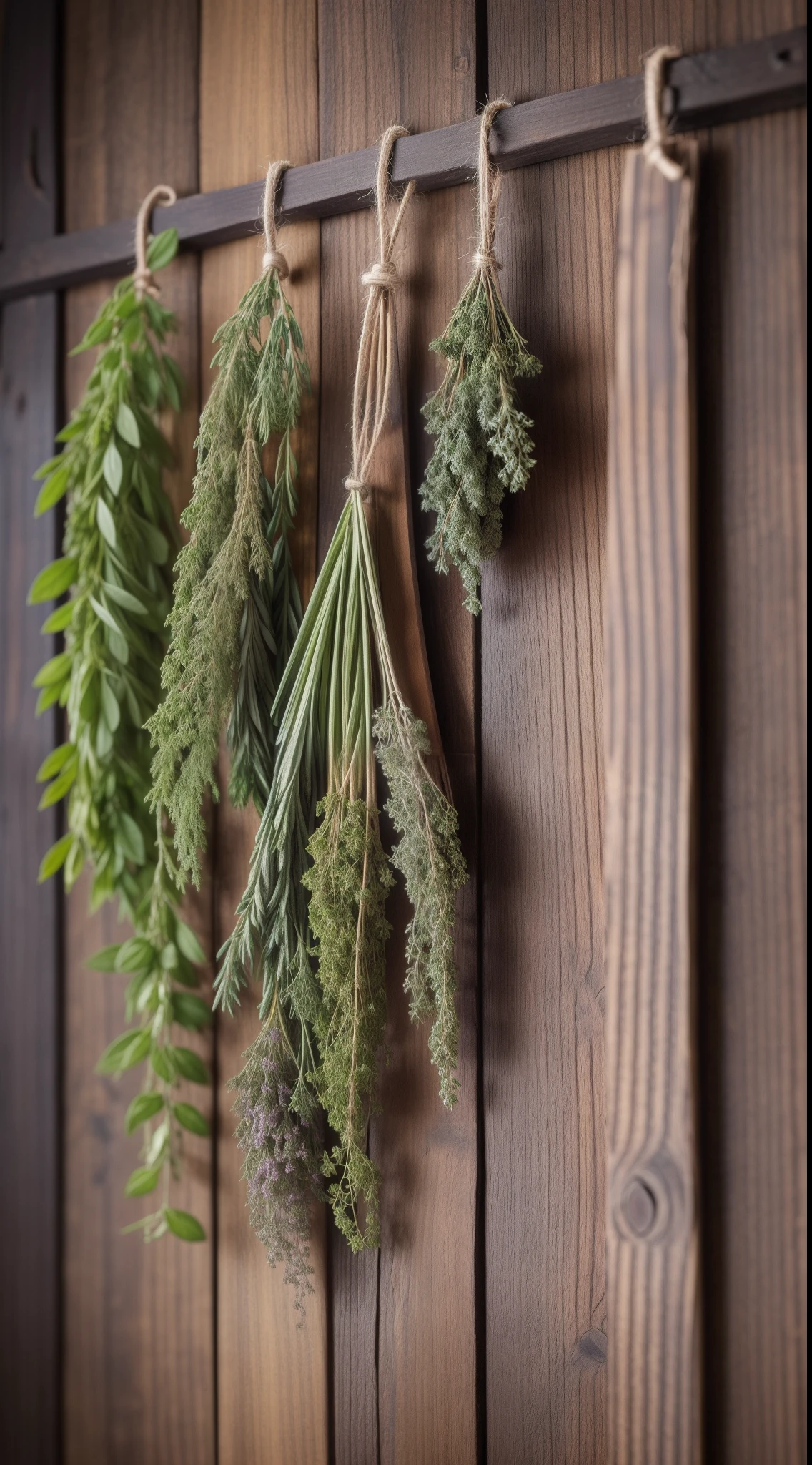 herbs that are dried, herbs that were used for curing ilness in the old days, natural remedies, placed on wooden wall in size 14:20, (8k, RAW photo, best quality, masterpiece:1.2),(realistic, photo-realistic:1.37)