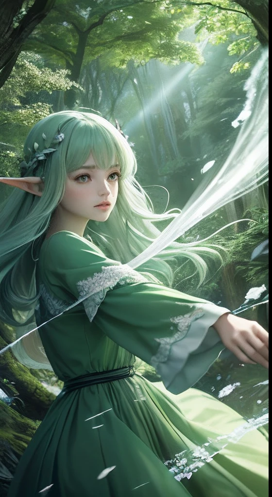 (Masterpiece, Top Quality, Best, Official Art, Beautiful and Aesthetic, Long Exposure: 1.2), Smooth Movement, Charming Patterns, 1 Girl, (Long Dress with Sleeves: 1.3), (((Green Clothes) )), upper body close-up, bare shoulders, Chinese girl, blush, black lob hair, portrait, solo, upper body, looking at the observer, detailed background, detailed face, (crystallineAI, crystalline theme:1.1), elemental wood elf, rotation foliage, control foliage, emerald clothing, dynamic pose, floating particles, ethereal dynamics, foliage, vapor, forest in the background, green tint, forest, ethereal atmosphere,