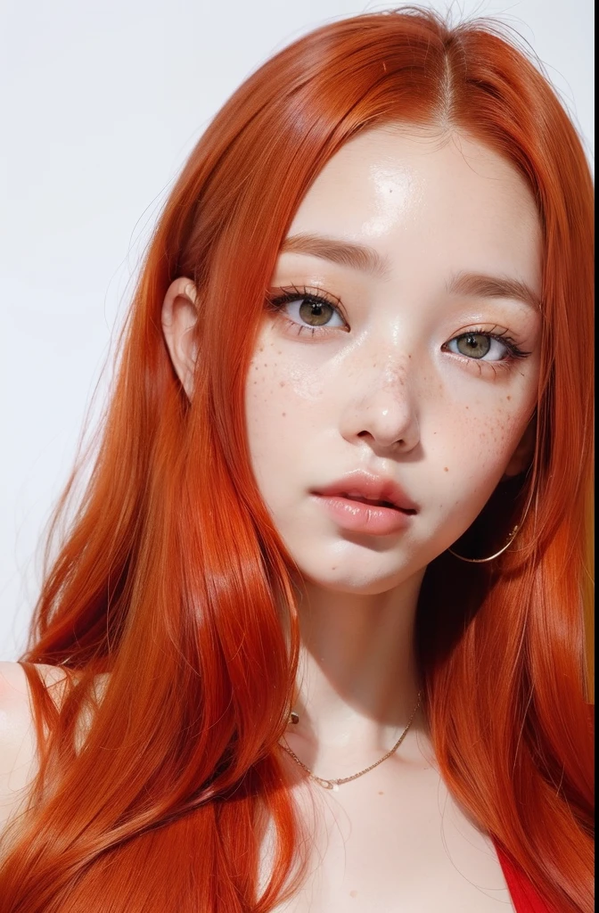 a close up of a woman with long red hair and freckled hair, beautiful south korean woman, popular korean makeup, light red hair, korean girl, popular south korean makeup, beautiful asian girl, beautiful young korean woman, gorgeous young korean woman, ginger hair with freckles, flowing ginger hair, red hair and attractive features, copper hair, she has long redorange hair, kind eyes