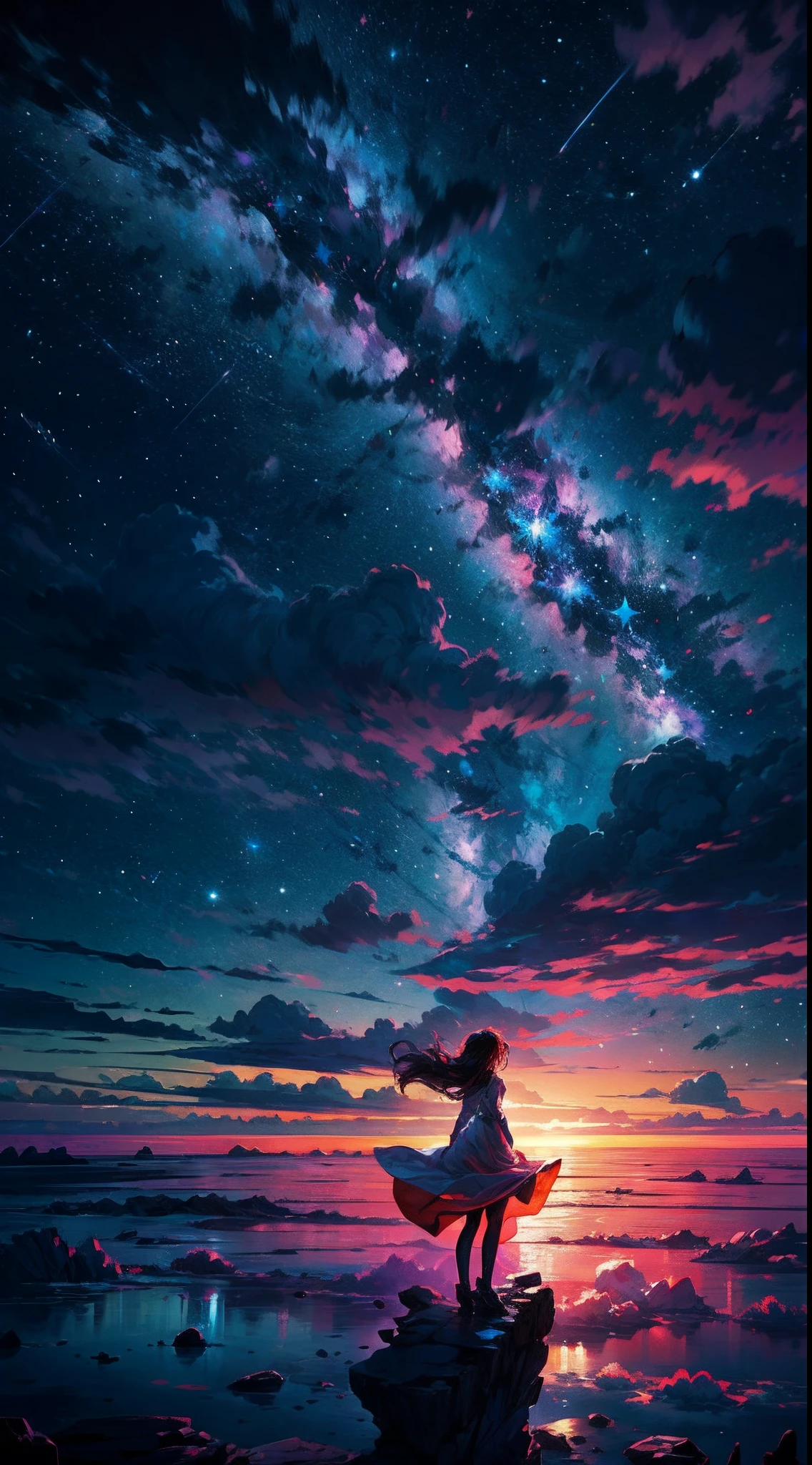A girl standing on a rock looking at the stars in the sky - SeaArt AI