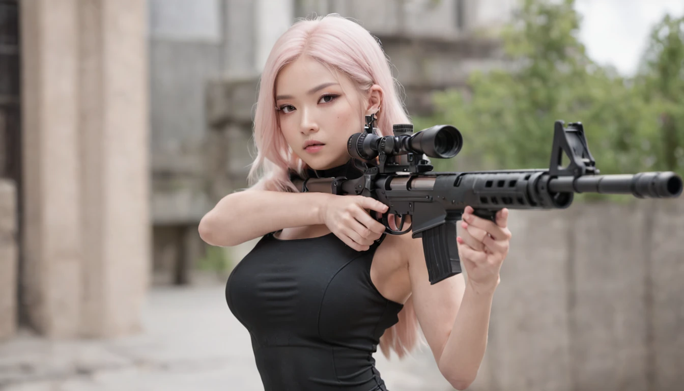 A beautiful sniper with a scope aims at the roof of a building with a sniper rifle equipped with a scope，Golden ratio，Chinese big breasts，teens girl，Fair and rounded skin，Youthful、black undersuit，Short skirt with pink and green flowers、Open navel、long whitr hair、Tall guy、Large sniper rifle equipped with sniper sights and silencers、Pure black hair color，full bodyesbian、photorealestic、skin highlights，with tattoos、largeeyes、perfect anatomia，Dough band