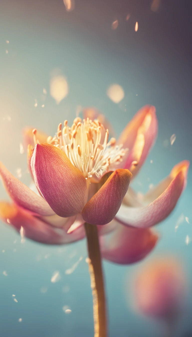 microcosm , Masterpiece , macro photography , cobweb, filmgrain, Bokeh , Smoke , Highly detailed, Sunny Sunny weather, Microflower, The drops, bblurry, 1 realistic lotus close-up with sky blue background, subdued contrasts, rendering by octane , illusory engine