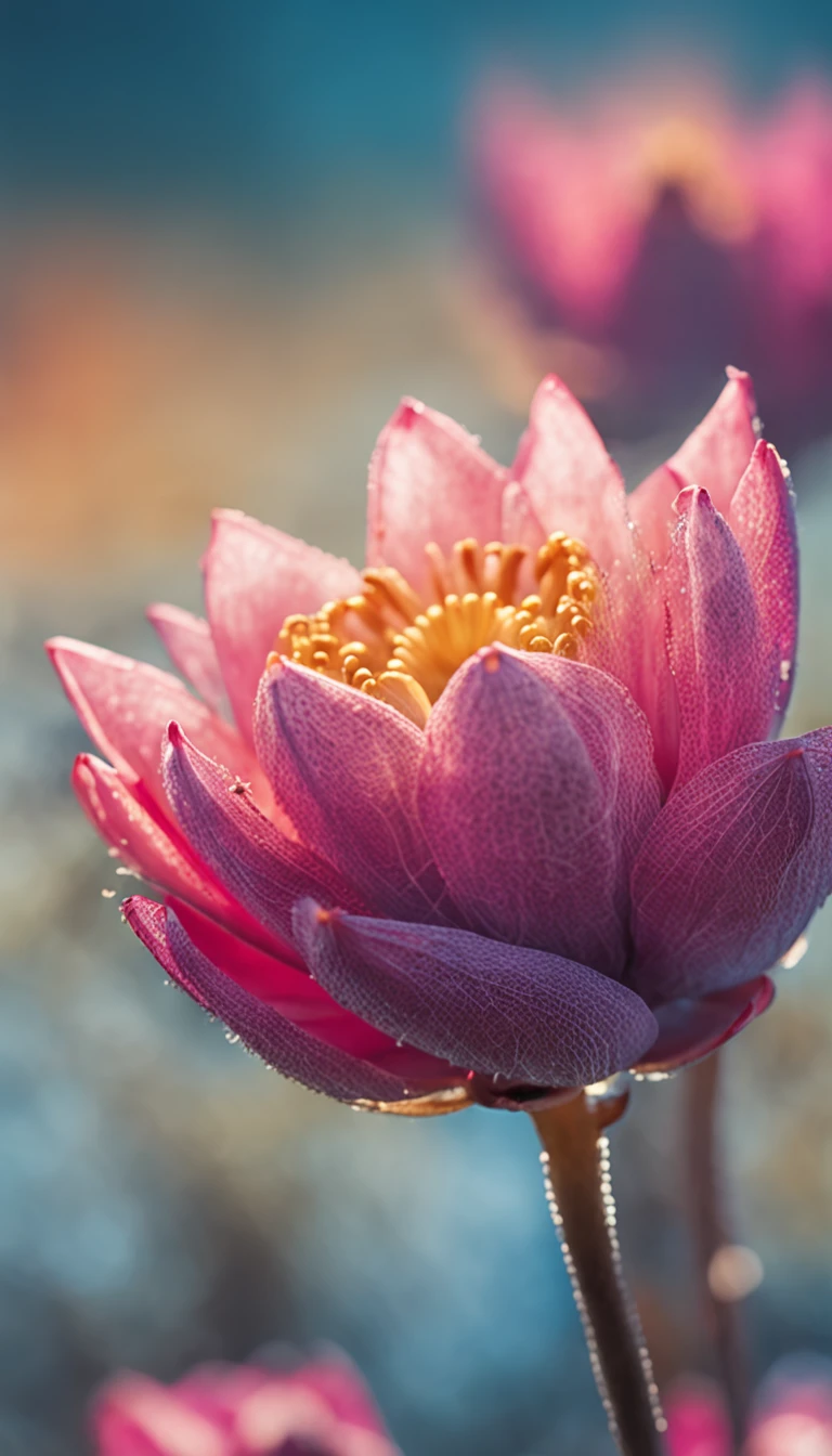 microcosm , Masterpiece , macro photography , cobweb, filmgrain, Bokeh , Smoke , Highly detailed, Sunny Sunny weather, Microflower, The drops, bblurry, 1 realistic lotus close-up with sky blue background, subdued contrasts, rendering by octane , illusory engine