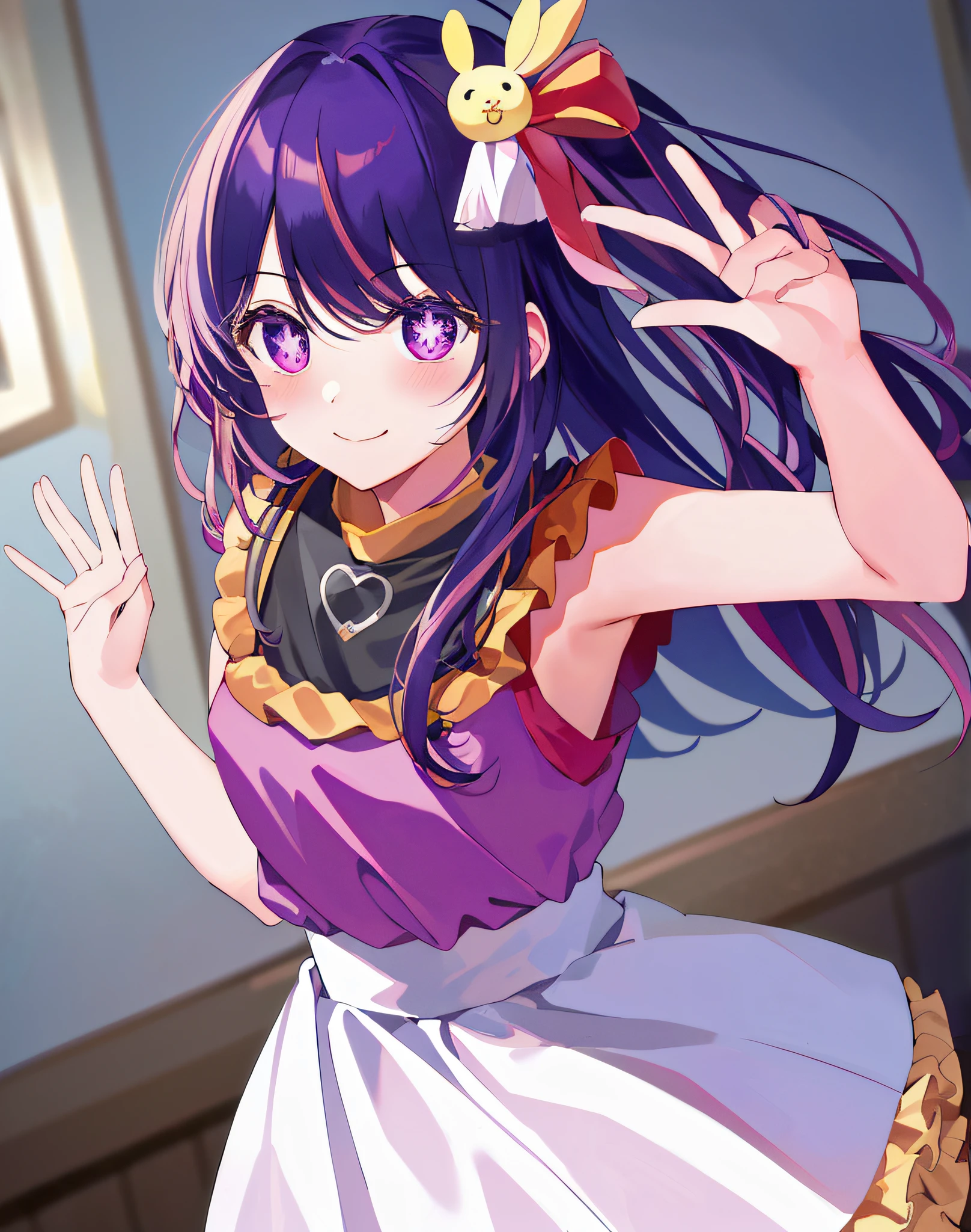 1girll, full bodyesbian, Cowboy photos, (Rembrandt), illustration, (Masterpiece), (Best quality), (Supergianthugebreasts_Detailed), finedetail, (Depth of field), HshinoAi, mitts, long whitr hair, pop star\ (symbol\), view the viewer, (Purple hair:1.2), Purple eyes, ,hair adornments, :p, frilld, Pink shirt, Smile, Sleeveless, shirt, heartthrob, pupils in symbol shapes, Hands up, Brags smiles，无袖，The shirt，idoly，pupils in symbol shapes，Raise Hand，By bangs，One side facing up，star-shaped bule pupils，One-arm forward invitation，Skirt pulling，roaring twenties，isometry，looking from above，Skysky，blossoms，precipice，blacksilk，Arm plus jewelry metal