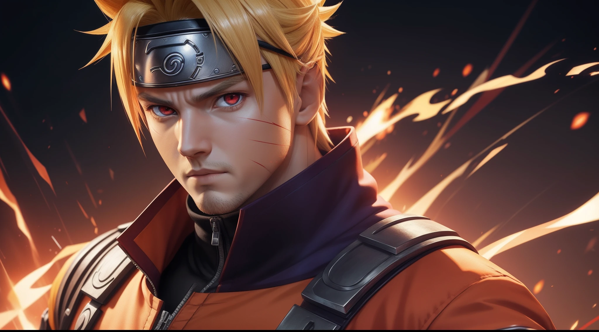 Perfect avatar, masterpiece, extremely accurate rendering, cool handsome Naruto, looking at the viewer, blonde, looking at the viewer, solo, trustworthy, savior of the world, simple design , best picture, 8K, light red eyes, original orange clothing style according to the characters in the story, reflecting red and purple sparks on the chest.
