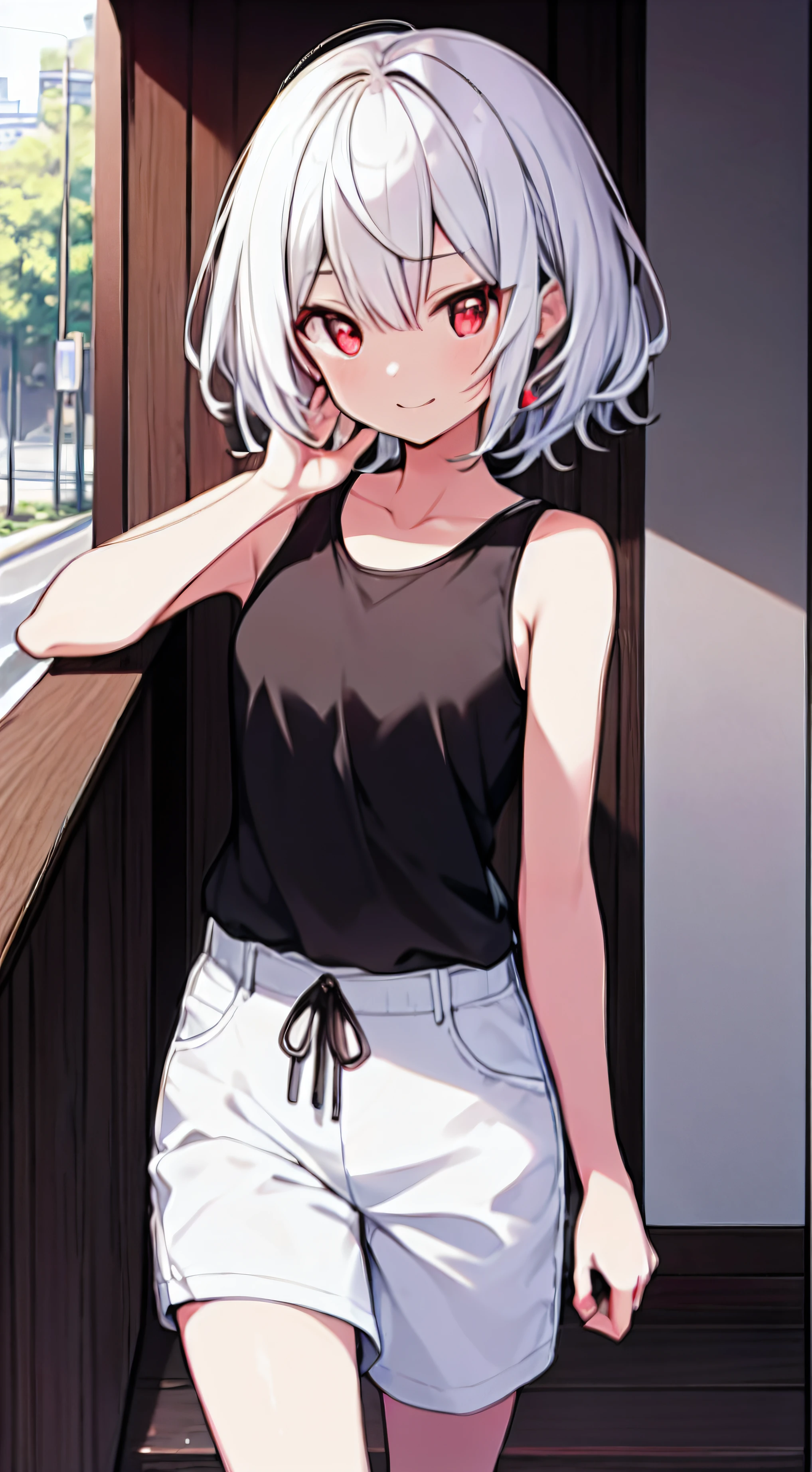 masutepiece, Best Quality,Illustration, Wallpaper, Ultra Detail, 1girl in,Solo,Beautiful detailed eyes, red eyes, Very thick contour lines、Medium Short-Cut Hair、Short、(Tight black tanktop)、White hair color、A smile、Walking next door、Kamimei、Overlooking angle:1.2、small head