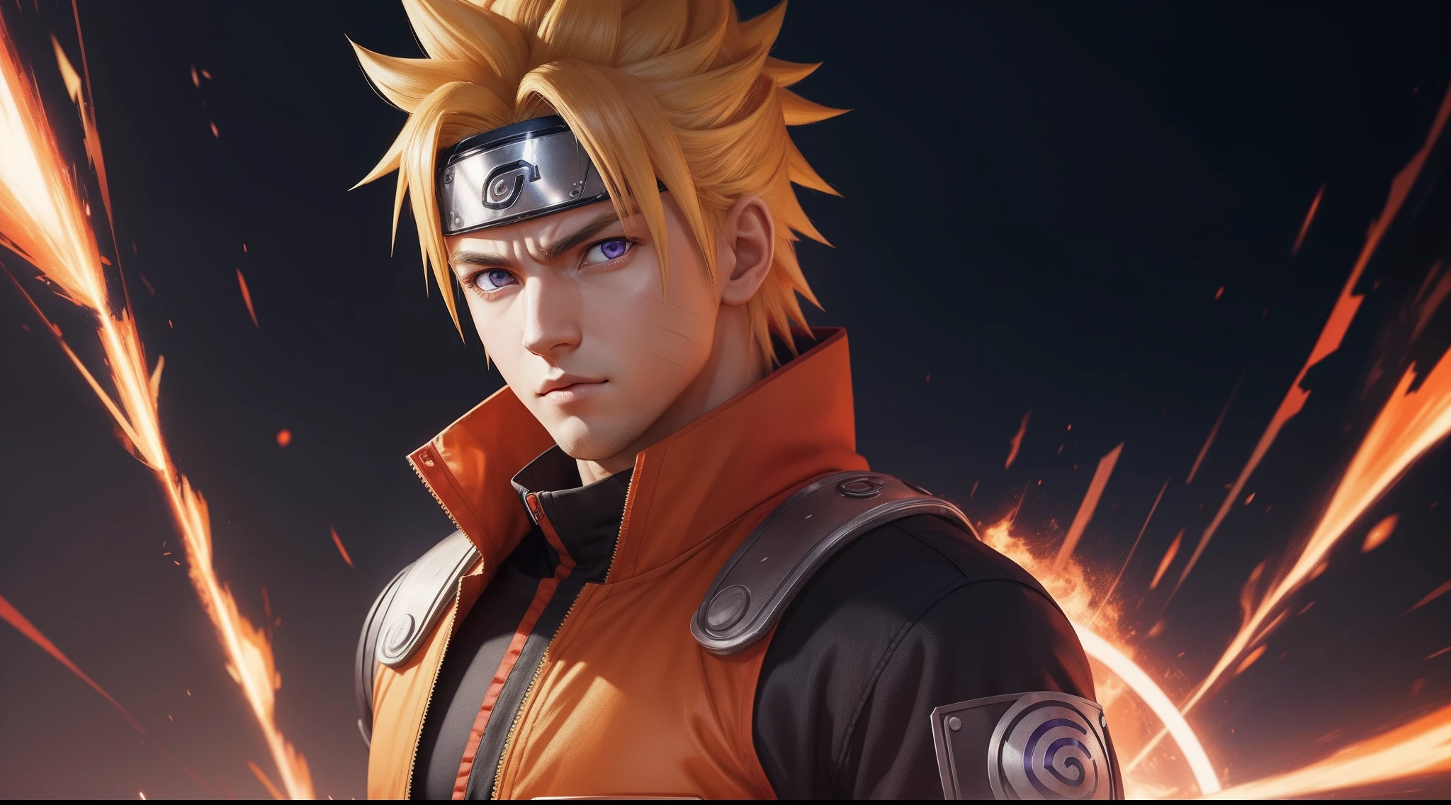 Perfect avatar, masterpiece, extremely accurate rendering, cool handsome Naruto, looking at the viewer, blonde, looking at the viewer, solo, trustworthy, savior of the world, simple design , best picture, 8K, light red eyes, original orange clothing style according to the characters in the story, reflecting red and purple sparks on the chest.