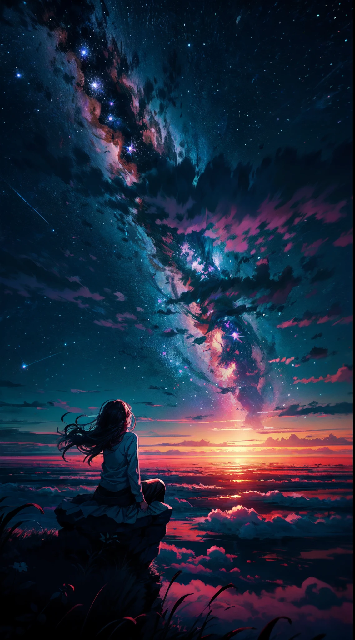 Perched upon a wispy cloud, a young girl gazes in awe at the breathtaking expanse above. The night sky comes alive with a sea of stars, twinkling like diamonds scattered across a velvet canvas. Cosmic phenomenons swirl and dance, painting streaks of vibrant colors across the vastness of space. With her hair gently tousled by the celestial breeze, the girl's silhouette stands as a witness to the beauty of the universe. Serene and filled with wonder, she becomes a part of this cosmic symphony, her presence illuminating the infinite possibilities that lie beyond the clouds.