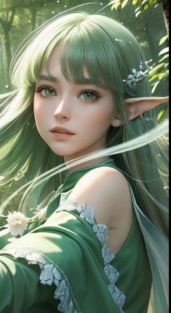 (Masterpiece, Top Quality, Best, Official Art, Beautiful and Aesthetic, Long Exposure: 1.2), Smooth Movement, Charming Patterns, 1 Girl, (Long Dress with Sleeves: 1.3), (((Green Clothes) )), upper body close-up, bare shoulders, Chinese girl, blush, black lob hair, portrait, solo, upper body, looking at the observer, detailed background, detailed face, (crystallineAI, crystalline theme:1.1), elemental wood elf, rotation foliage, control foliage, emerald clothing, dynamic pose, floating particles, ethereal dynamics, foliage, vapor, forest in the background, green tint, forest, ethereal atmosphere,