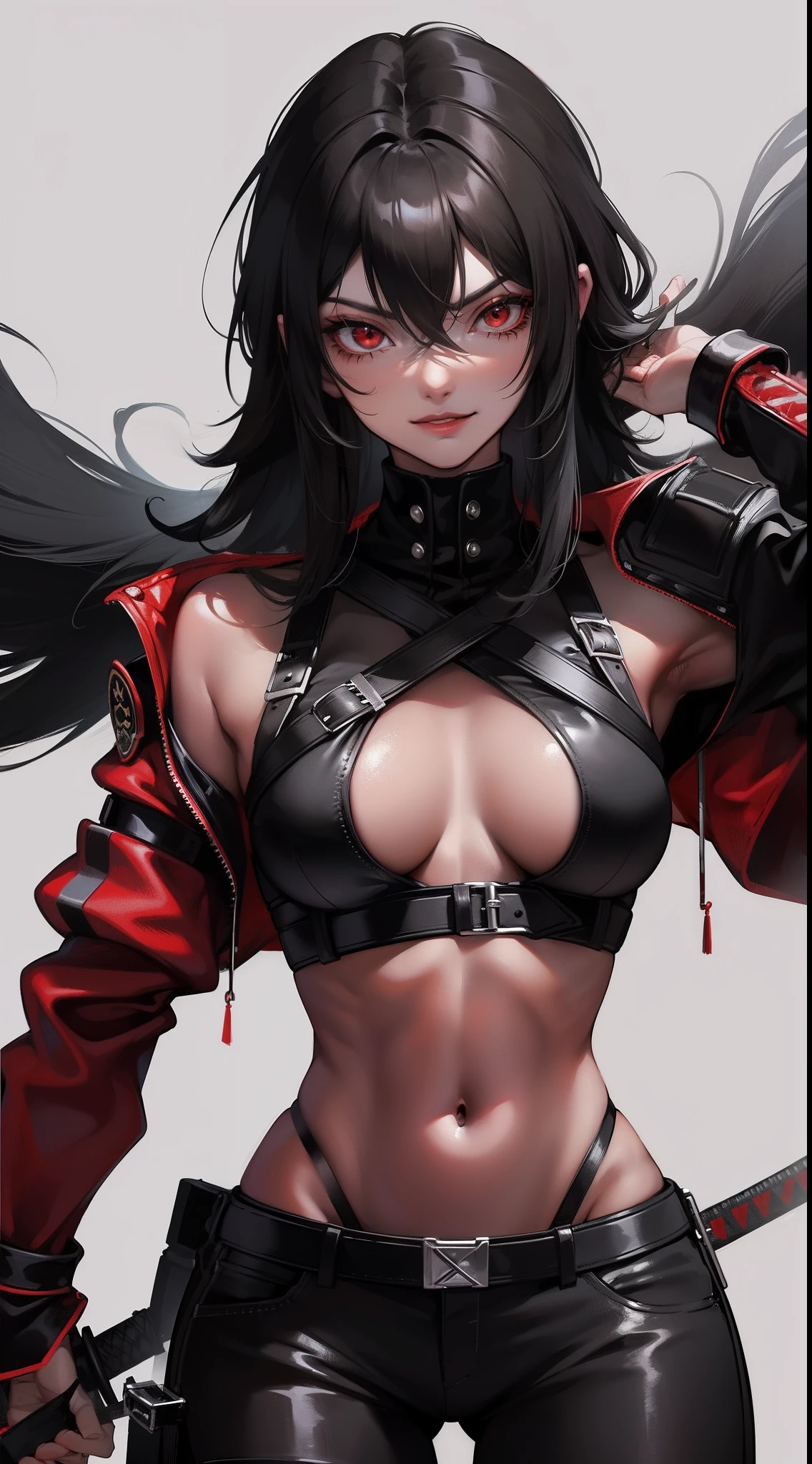 Adult woman, ebony, black skin, long curly black hair, red eyes, Bondage on the eye, musculature, Black hired tight top, Mercenary pants, arma, sword, smirk, Masterpiece, hiquality