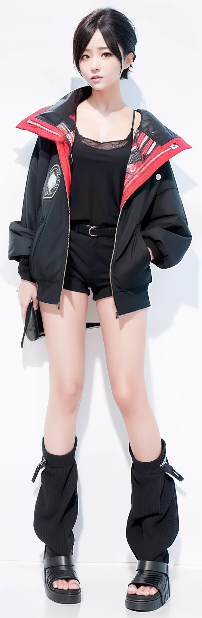 Short hair, black hair, wearing a black jacket, realistic, ultra detailed, short pants, Uchiha Sarada, 1 woman, 70mm lens, sexy Being on the beach