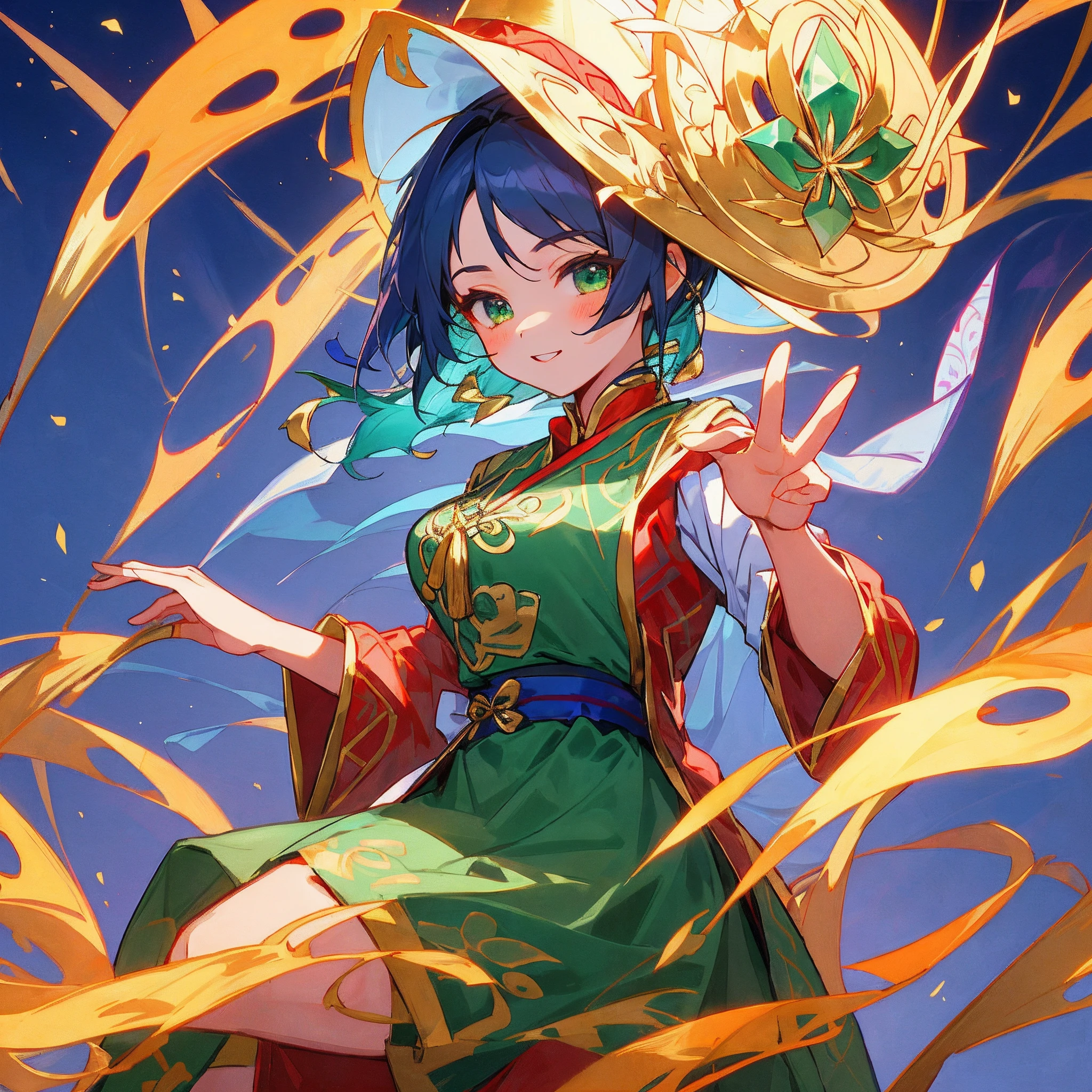 I saw her wearing a big red Xinjiang dance dress,It is embroidered with gold thread with various patterns with strong national customs,With a playful and cute Dopa flower hat on his head,There is also an emerald green feather inserted on the brim,You can see that it is an ethnic minority girl