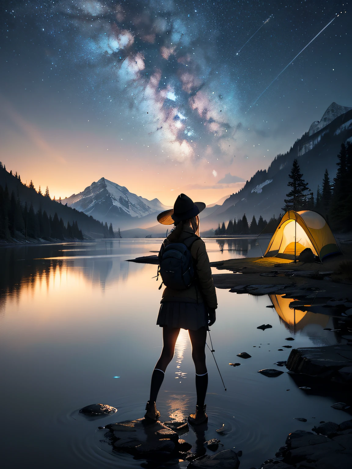 masterpiece, best quality, ultra-detailed, illustration, 1girl, solo, outdoors, camping, night, mountains, nature, stars, moon, bonfire, tent, twin ponytails, green eyes, cheerful, happy, backpack, sleeping bag, camping stove, water bottle, mountain boots, gloves, sweater, hat, flashlight, forest, rocks, river, wood, smoke, shadows, contrast, clear sky, constellations, Milky Way, peaceful, serene, quiet, tranquil, remote, secluded, adventurous, exploration, escape, independence, survival, resourcefulness, challenge, perseverance, stamina, endurance, observation, intuition, adaptability, creativity, imagination, artistry, inspiration, beauty, awe, wonder, gratitude, appreciation, relaxation, enjoyment, rejuvenation, mindfulness, awareness, connection, harmony, balance, texture, detail, realism, depth, perspective, composition, color, light, shadow, reflection, refraction, tone, contrast, foreground, middle ground, background, naturalistic, figurative, representational, impressionistic, expressionistic, abstract, innovative, experimental, unique