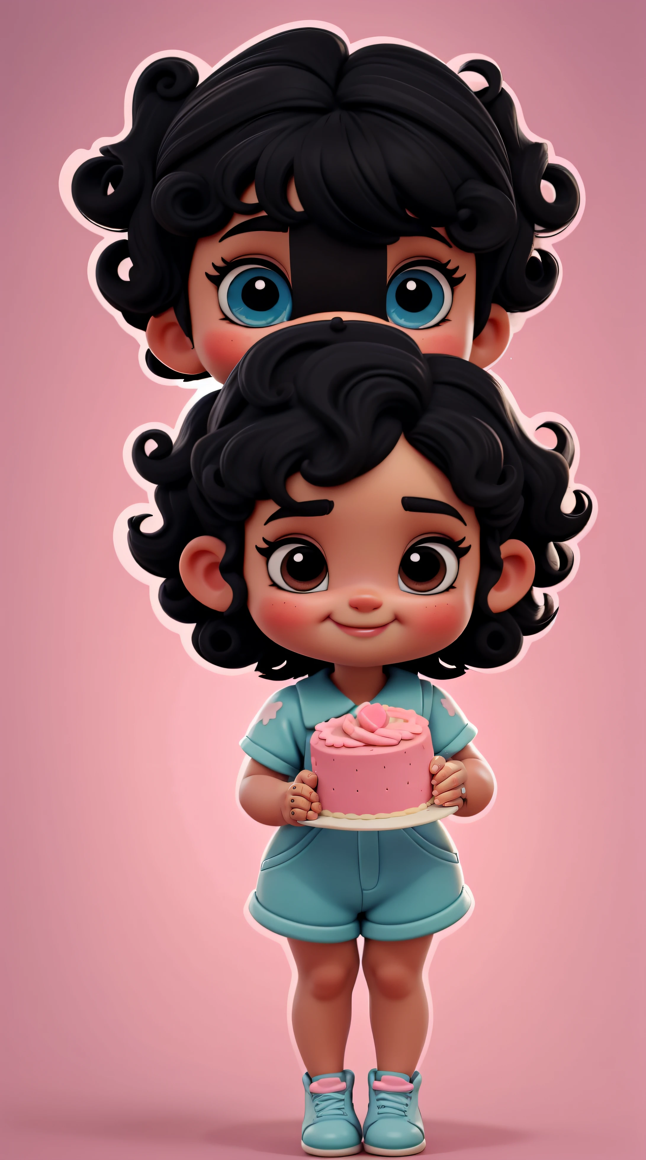 a cute  ((((baby style)))) iibi pastry style, she has (((short black hair))), ((((very short black power hair))))), (((curly hair) ))), brown eyes, she is smiling, she is wearing a pink and blue jumpsuit, with white shoes, she is holding a slice of cake with icing, she is standing, full body, with her backdrop on plain white background , add light details and a lot of quality, your hands are perfect with a lot of details