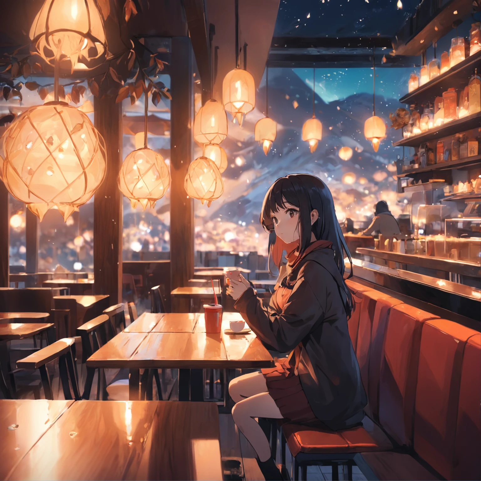 Anime girl sitting at a table with a beer, Lofi Artstyle, Lofi Art, LOFI Girl, Makoto Shinkai Cyril Rolland, Portrait of Rofi, Lo-fi feeling, Relaxed atmosphere, Pleasant night fireflies, LOFI Girl aesthetic, Portrait of Rofi at a window, Lo-fi art, anime art wallpaper 4k