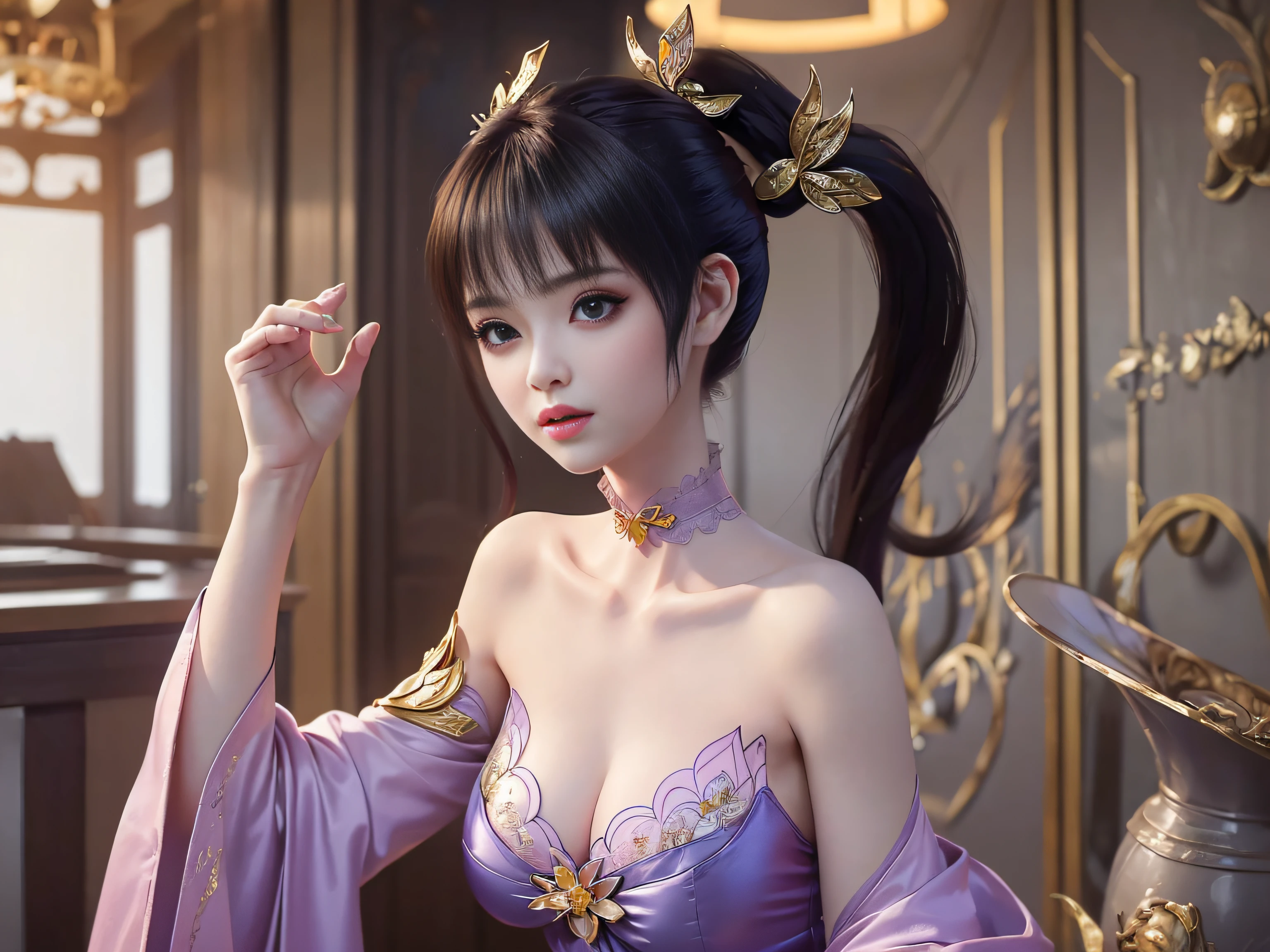 1 20 year old girl, 1 Goddess Athena, Pink purple silk dress, The beautiful goddess Athena had no blemishes on her face, Delicate yellow dressing gown, Beautiful sequin long nightdress,Paired with lots of sexy black lace details, The legend of the female saint, Female saint idol, Beautiful goddess style glitter, Dark and mysterious version, Zhu lips, Plump red lips, Without smiling, Mouth closed, Images with fine detail are beautiful, Delicate and beautiful lip details, (Pure and flawless face: 1.9), Female saint body, gigantic cleavage breasts, ((Super breast lift:1.4)), The breasts are round and regular, Phoenix brooch, Changping bangs, (((Double ponytail: 1.8))), Tattoo of piebald on the forehead, Beautiful clear face and well-proportioned eyes, (Light purple eyes: 1.8), (Big round eyes and makeup, Sexy wet eye makeup, Very beautiful and delicate hair makeup, Delicate long blonde hair, Delicate, Body image: 1.8), figure: vivid vibrant, (The stars that make up the sky: 1.7), (The sky of heaven and the door of imaginary time and space: 1.8), Fictional art, RAW photos, hanfu photos, best photos, high resolution, Best quality, best photos, Best goddess quality, 8K women, Super 8 Single Saint Portrait, truest color scheme, Masterpieces, Best Beauty Brand, The best hair accessory, Live-action photos of the brand, Dark Studio, Border light, Two-tone lighting, (Rose white skin: 1.4), (High skin detail: 1.1), 8K, Ultra HD, Soft light, 8K, High quality, candid, The volume is smooth and sharp, 10x pixel increase, Sexy goddess, (background space: 1.8), (The most beautiful aurora eye: 1.7), Beautiful eyes, The aurora is beautiful and in full bloom, (Beautiful single girl: 1.8), (More details:0.8),