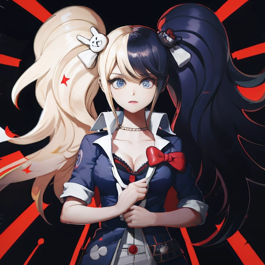 Una mujer, solo, (twitch emote:1), Chibi, cabello rubio, ojos azules, , cartoon strip, departamento otaku backgrounid, Una pegatina, Contorno negro grueso,Vestidos vaqueros、blusa negra、cabello naranja、、cabello rubio、Denim Falda Larga hutao, audifonos gamer con microfono, fente a ella un teclado con raton y un cojin para el raton