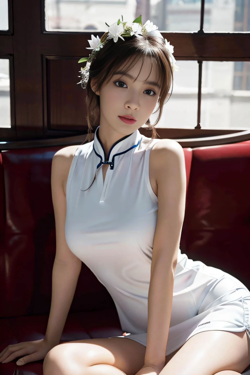(masterpiece,highest quality,超A high resolution),Japanese women, (((Very beautiful 25 year old girl))), pretty girl、Look at the photographer､  (()), Very cute face, Glossy Lips, Double eyelids on both eyes,Natural smile、 Natural Makeup, Long eyelashes, Shiny and smooth hair､Center image,  Perfect limbs, Perfect Anatomy,(((Shiny Chinese dress white panties)))、((Skirt Hold:1.2)),Wet with sweat,Cowboy Shot
