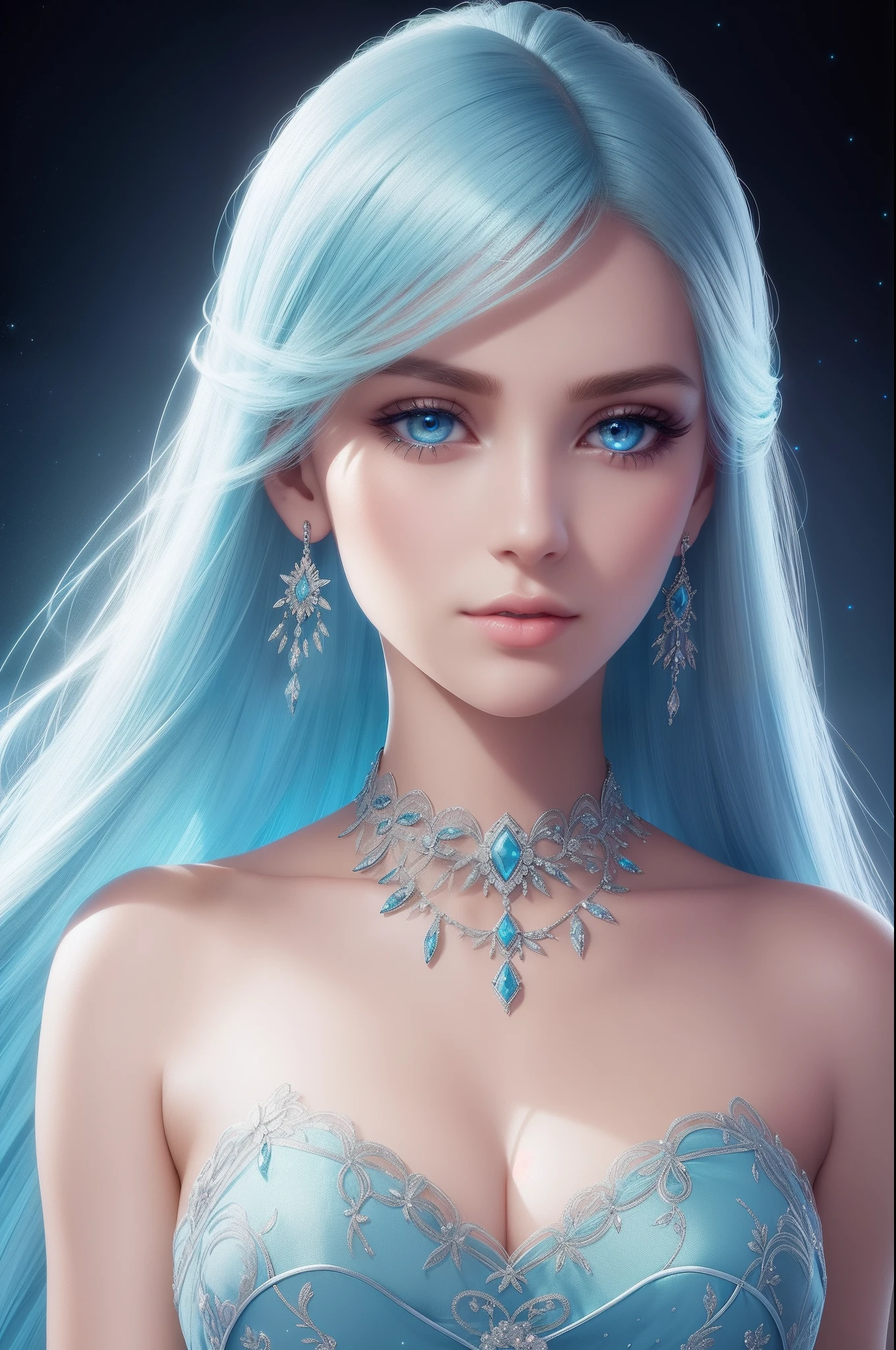 ultra detailed beautiful woman, 25 years-old woman, stunningly beautiful, stylish light blue hair, light blue dress, light blue eyes, her whole head is visible with hair, light blue jewel necklace, earrings, light blue eyeshadow visible on her eyelids and eyeliner on her eyes, very long eyelashes, stuningly beautiful face, focus on face, holographic, light particles, ultra detailed illustration, hit definition, very bold and vivid colors, 32k resolution, best quality, volumetric lighting, “best quality”, “masterpiece", half of her body is visible, top of her dress is visible, ultra realistic, high-quality detail