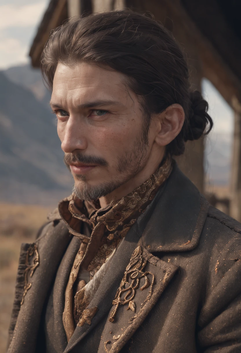 man 40 years old, long dark hair, stubble, skinny, Wyoming, Yellowstone, Wild West, USA, beautiful patterned scars,
sad portrait, leather, coat, 35 mm lens, realistic, hyper detailed, insanely detailed and intricate dramatic lighting,
microdetails, Mucha Klimt and Tom Bagshaw, 4k postprocessing is very detailed Maya+V-Ray, metal art, extremely detailed,
hyper realism full body photography by Daniel Gerhartz, cyberpunk, Elena Masci, symmetrical eyes, insane detail,
trending on artstation, sharp focus, studio photo, intricate details, highly detailed,
by greg rutkowski