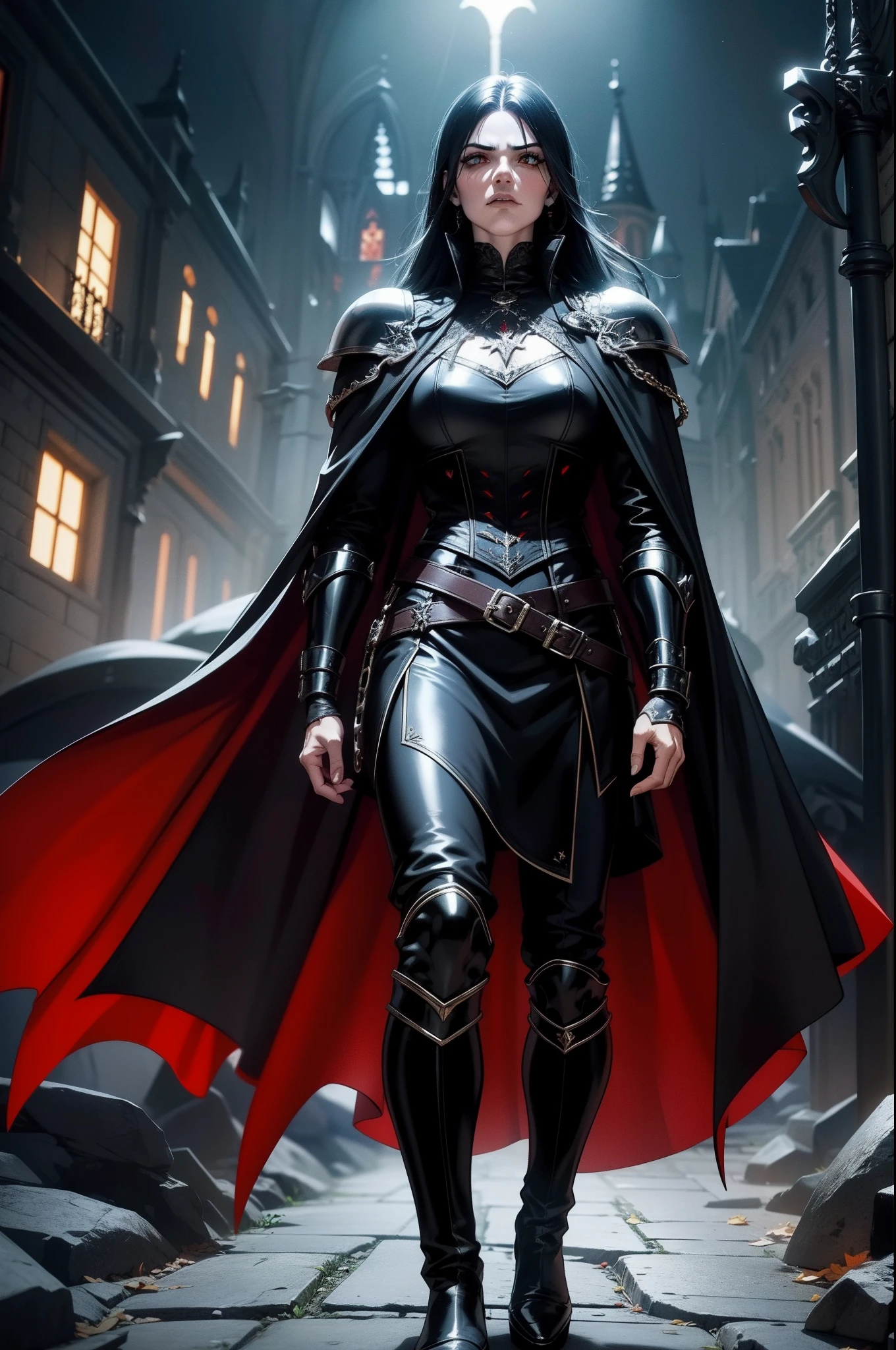 An adult vampire wizard character wearing black and red gothic armor. Seu cabelo tem com corte curto. Seus olhos colorem amarelo, Magnificent, noite, luz do luar, pegue a chave, Facial expression of anger, 8k, posicionada em cima de uma pedra elevada, olhando para frente, Sanctuary, Gothic city, descendo as escadas olhando de cima, personagem masculino, poderoso, extremamente detalhado