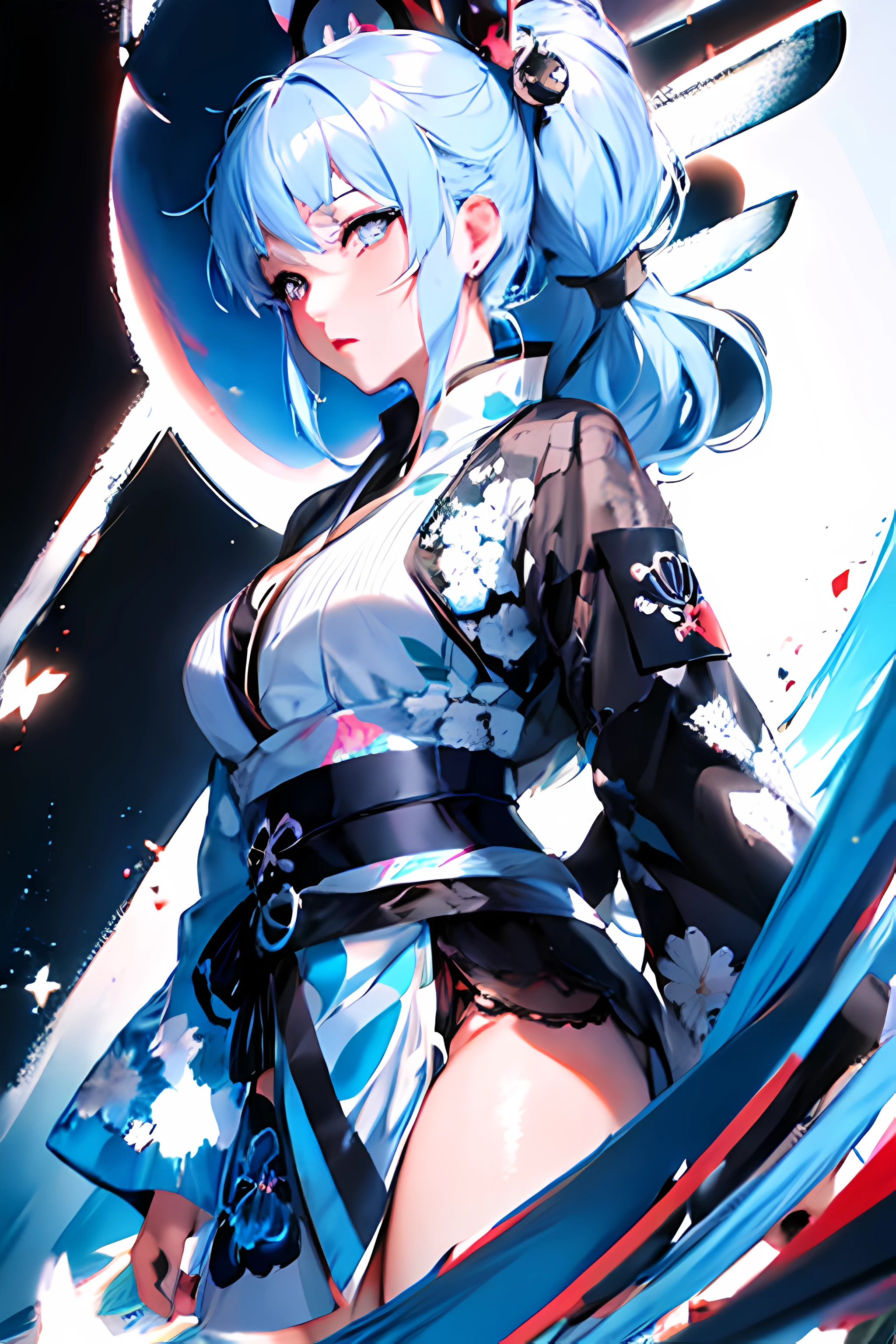 Chica anime con cabello blanco y kimono azul frente a un fondo blanco y negro, Guweiz en Pixiv Artstation, Guweiz en Artstation Pixiv, Estilo anime 4K, Anime Art Wallpaper 8K, Anime Art Wallpaper 4K, Anime Art Wallpaper 4K, Anime Wallpaper 4k, Fondos de pantalla de anime 4k